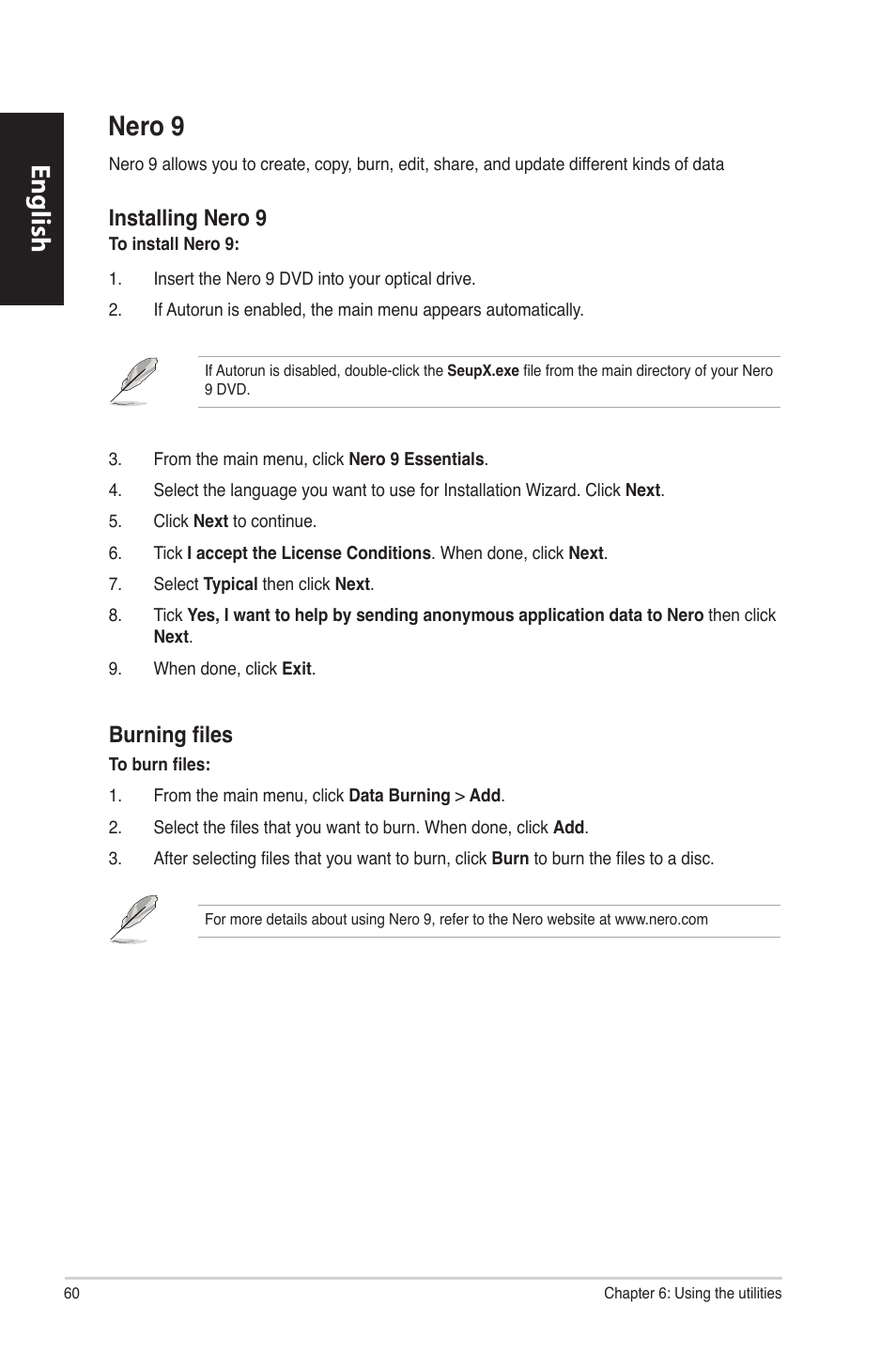 Nero 9, English, English nero.9 | Installing.nero.9, Burning files | Asus CM6870 User Manual | Page 62 / 494