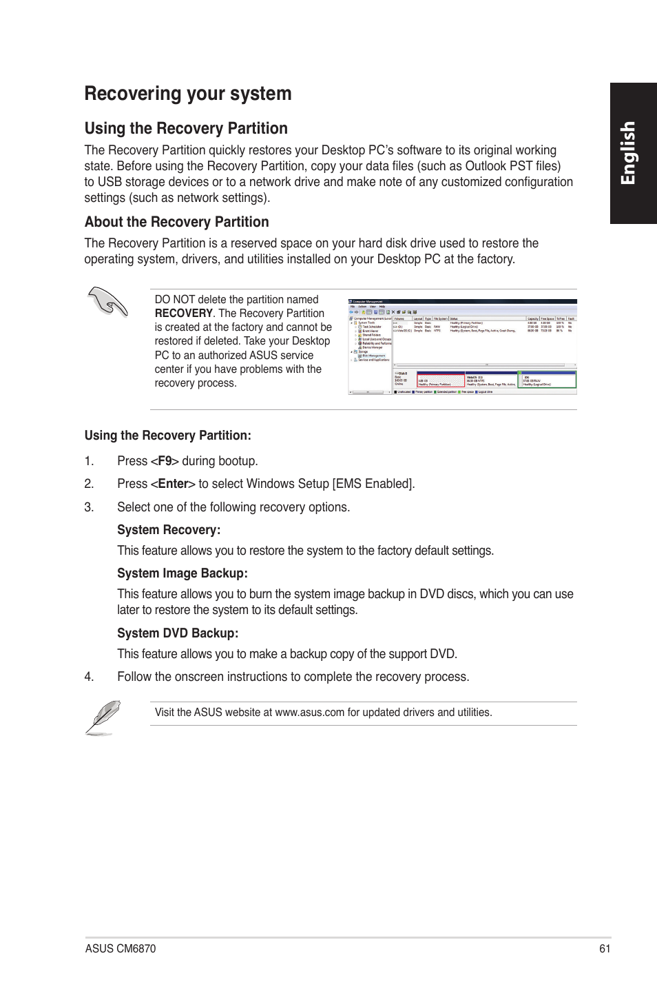 Recovering your system, English, English recovering.your.system | Using.the.recovery.partition | Asus CM6870 User Manual | Page 63 / 494