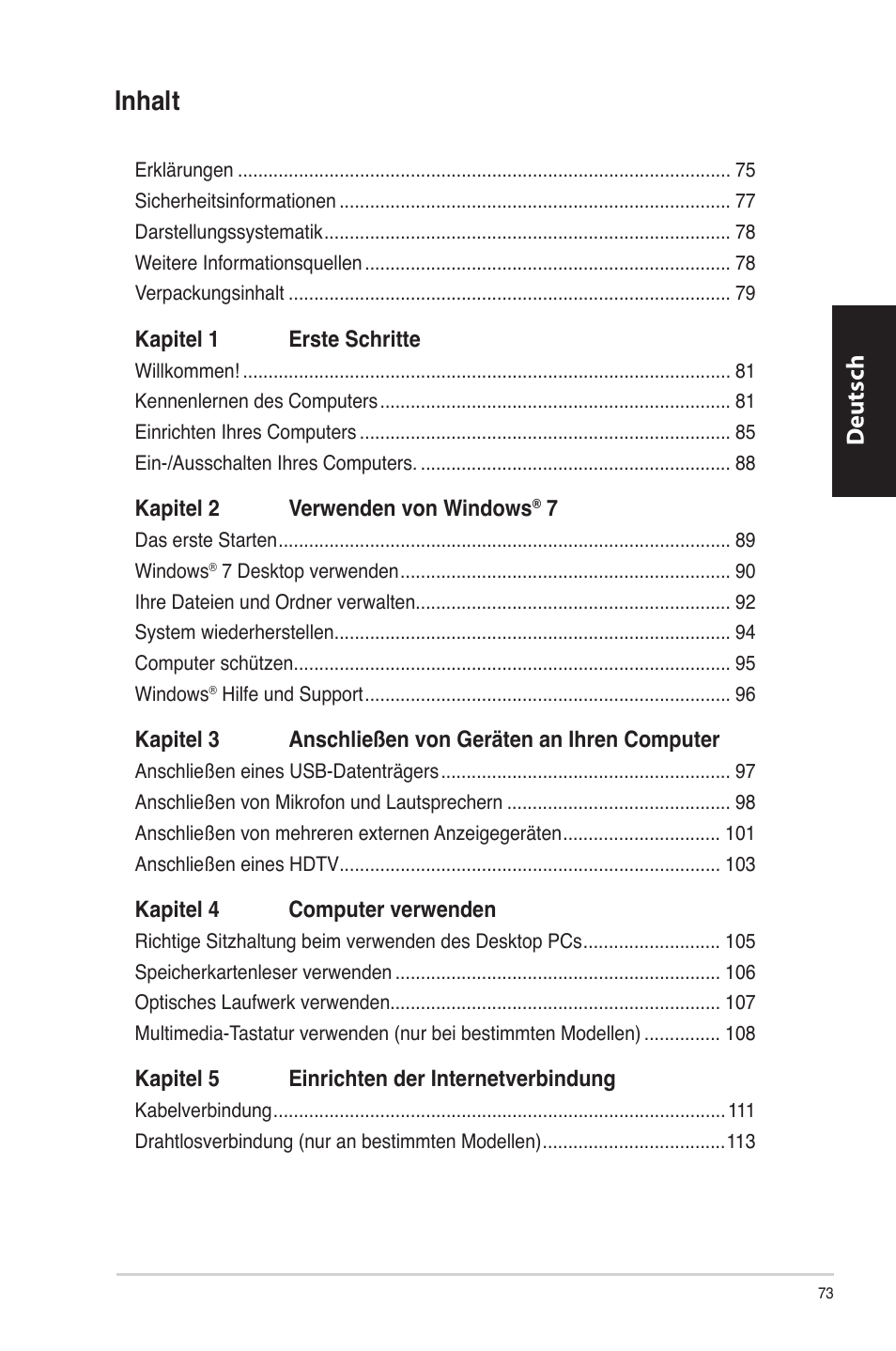 Inhalt, Deutsch d eutsch d eutsch d eutsch | Asus CM6870 User Manual | Page 75 / 494