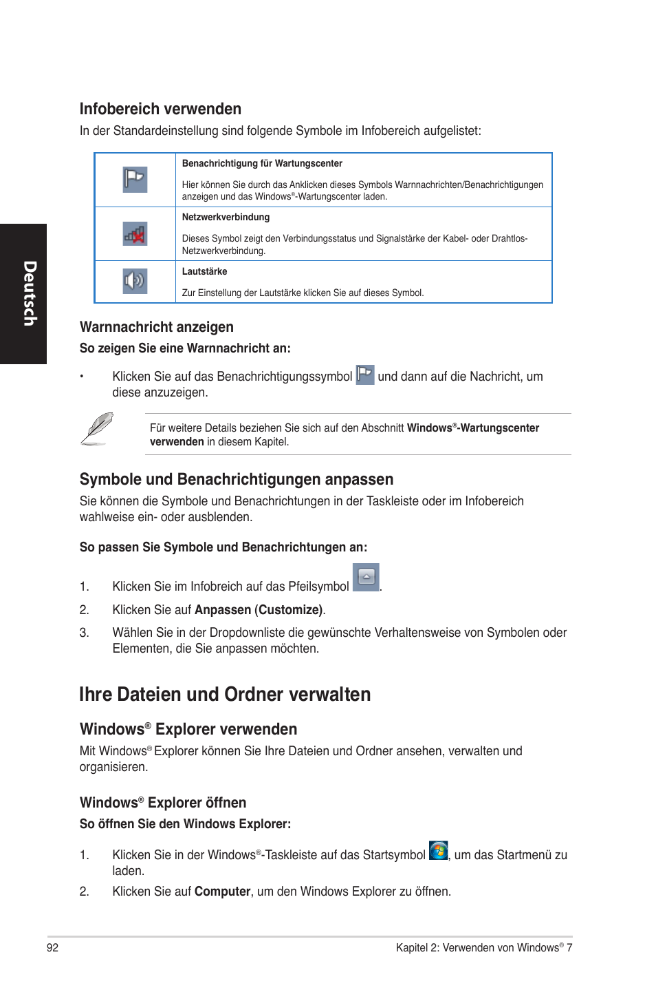 Ihre dateien und ordner verwalten, Ihre.dateien.und.ordner.verwalten, Deutsch d eutsch d eutsch d eutsch | Infobereich.verwenden, Symbole.und.benachrichtigungen.anpassen, Windows, Explorer.verwenden | Asus CM6870 User Manual | Page 94 / 494