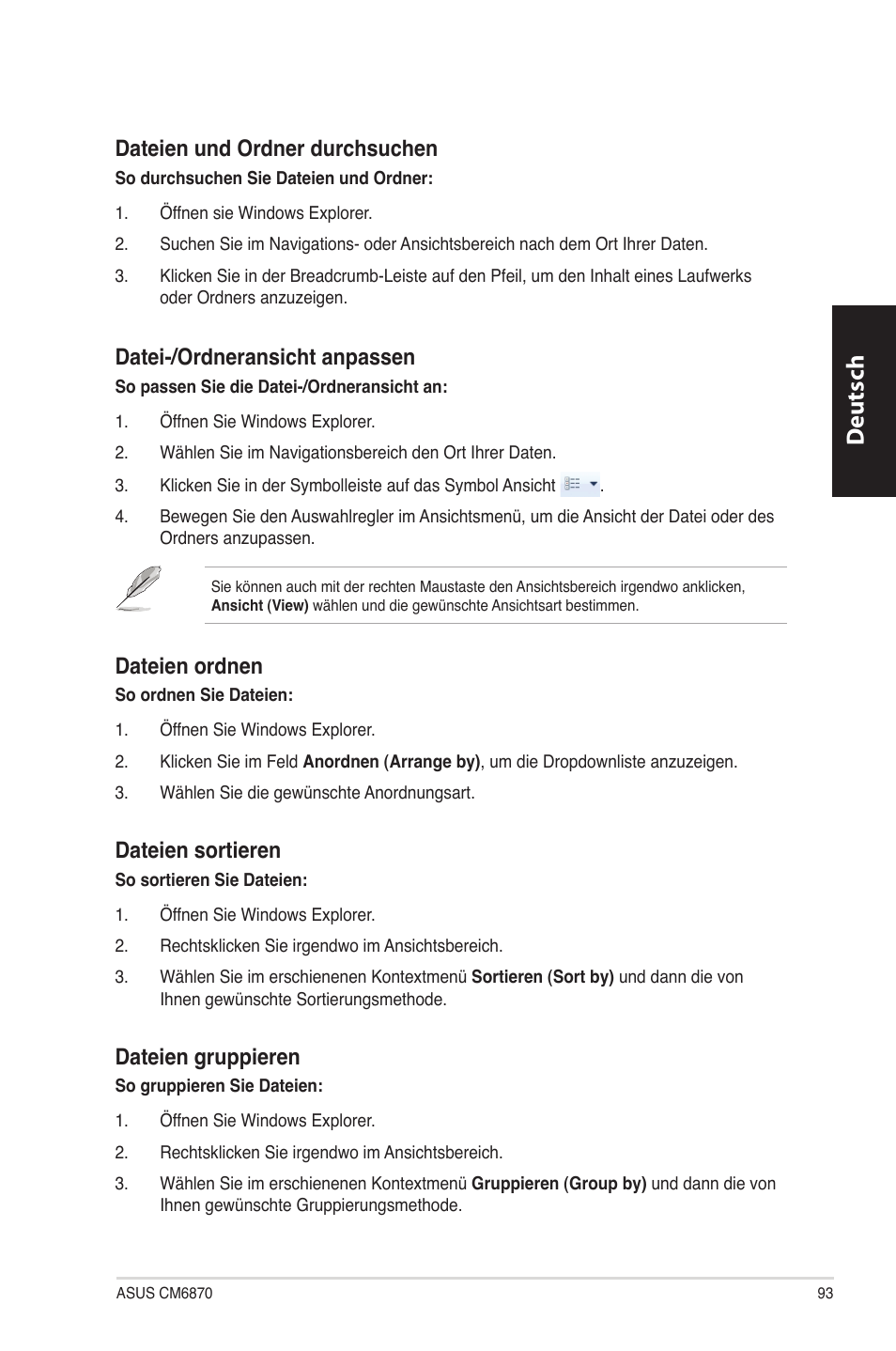 Deutsch d eutsch, Dateien.und.ordner.durchsuchen, Datei-/ordneransicht.anpassen | Dateien.ordnen, Dateien.sortieren, Dateien.gruppieren | Asus CM6870 User Manual | Page 95 / 494