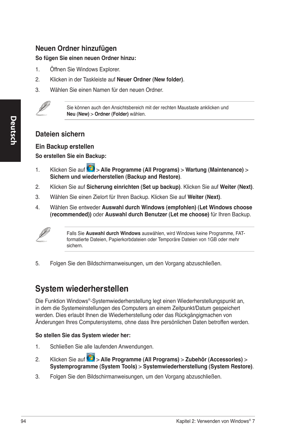 System wiederherstellen, System.wiederherstellen, Deutsch d eutsch d eutsch d eutsch | Neuen.ordner.hinzufügen, Dateien.sichern | Asus CM6870 User Manual | Page 96 / 494