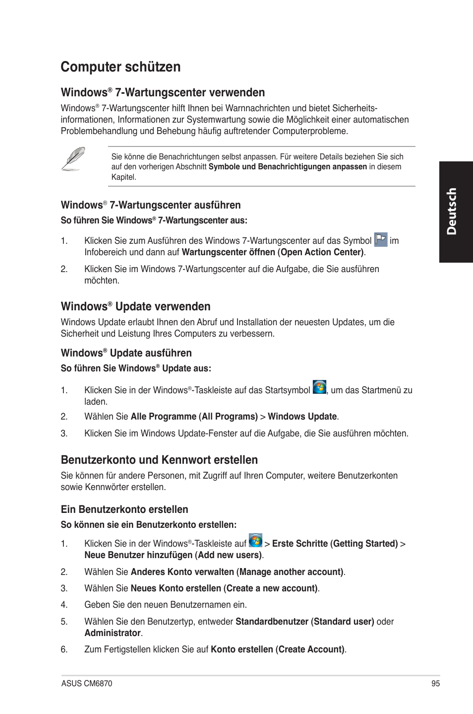 Computer schützen, Computer.schützen, Deutsch d eutsch | Windows, Wartungscenter.verwenden, Update.verwenden, Benutzerkonto.und.kennwort.erstellen | Asus CM6870 User Manual | Page 97 / 494