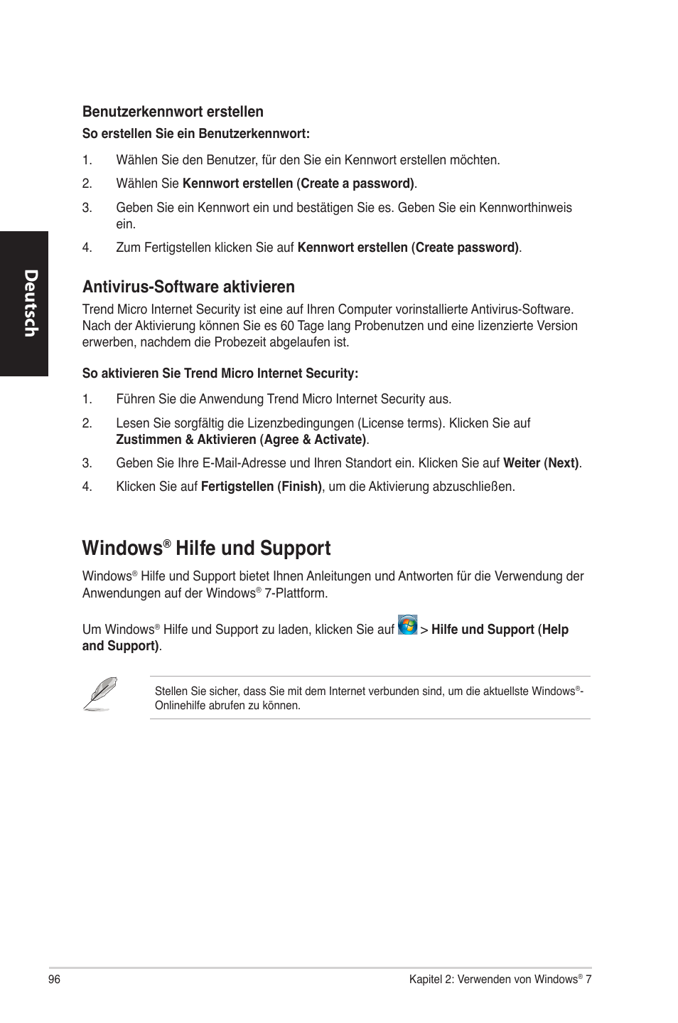 Windows® hilfe und support, Windows, Hilfe und support | Hilfe.und.support, Deutsch d eutsch, Antivirus-software.aktivieren | Asus CM6870 User Manual | Page 98 / 494