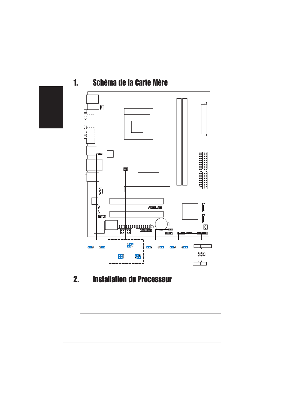 Installation du processeur, Schéma de la carte mère, Français | Carte mère asus a7s8x-mx, Pci1, Pci2, Agp1, A7s8x-mx, Atxpwr, Super i/o | Asus A7S8X-MX User Manual | Page 2 / 16