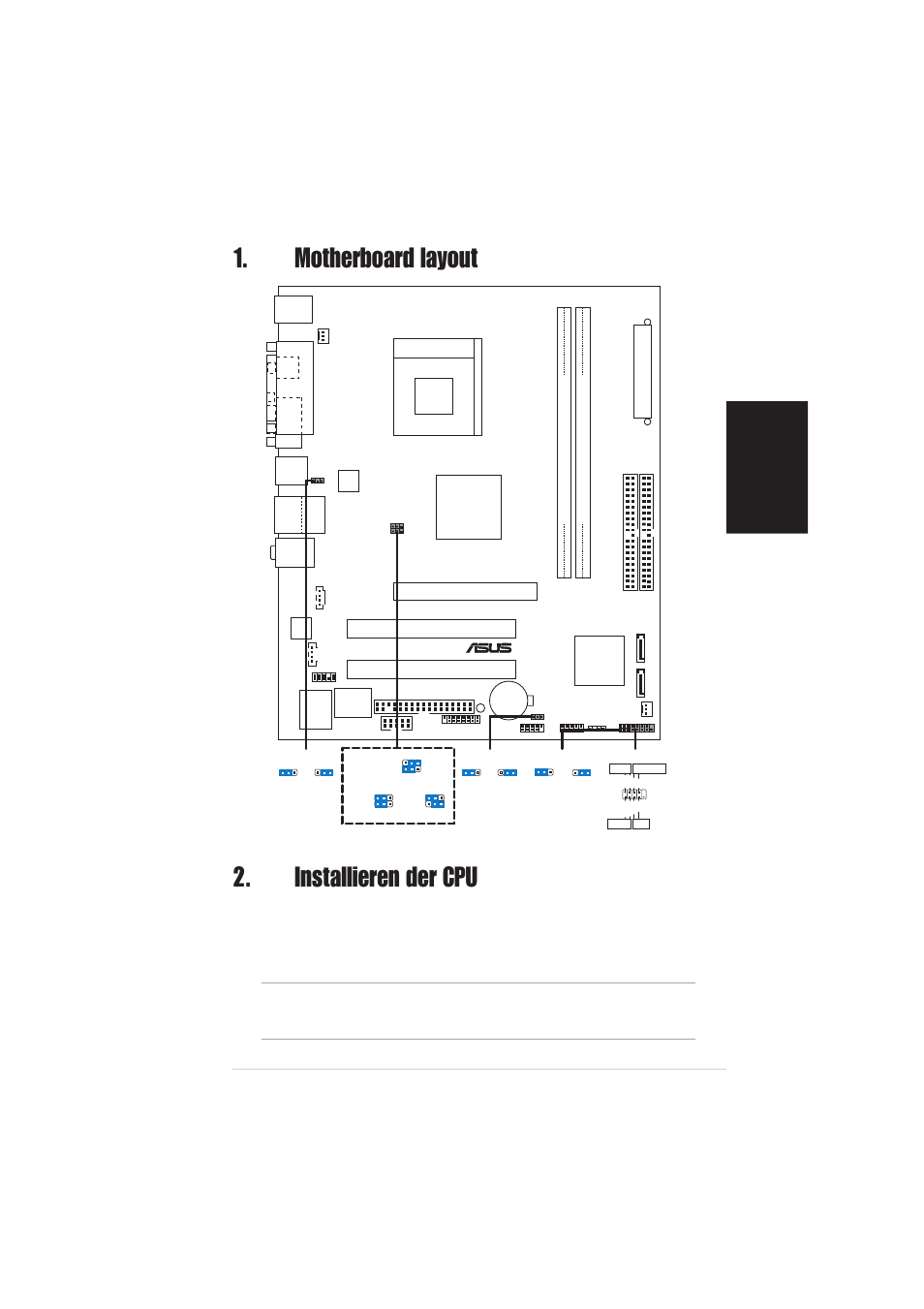 Installieren der cpu, Motherboard layout, Deutsch | Asus a7s8x-mx-motherboard, Pci1, Pci2, Agp1, A7s8x-mx, Atxpwr, Super i/o | Asus A7S8X-MX User Manual | Page 5 / 16