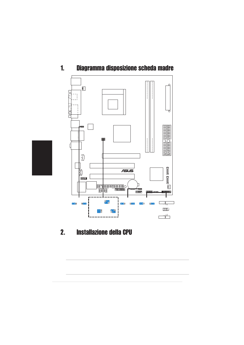 Installazione della cpu, Diagramma disposizione scheda madre, Italiano | Scheda madre asus a7s8x-mx, Pci1, Pci2, Agp1, A7s8x-mx, Atxpwr, Super i/o | Asus A7S8X-MX User Manual | Page 8 / 16