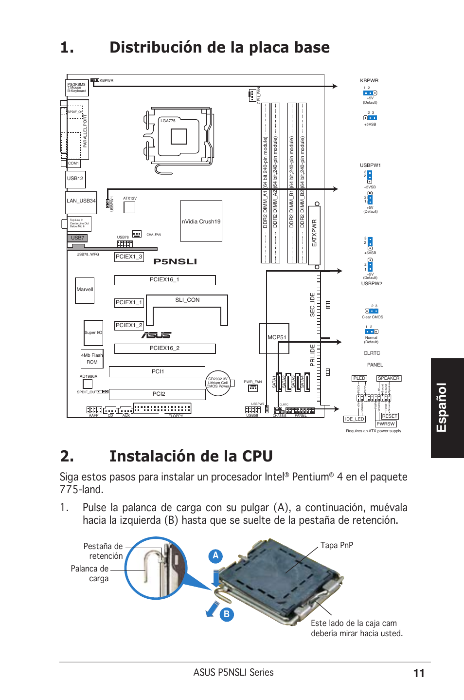 Español, Siga estos pasos para instalar un procesador intel, Pentium | Asus p5nsli series, Ab b, P5nsli | Asus P5NSLI User Manual | Page 11 / 38