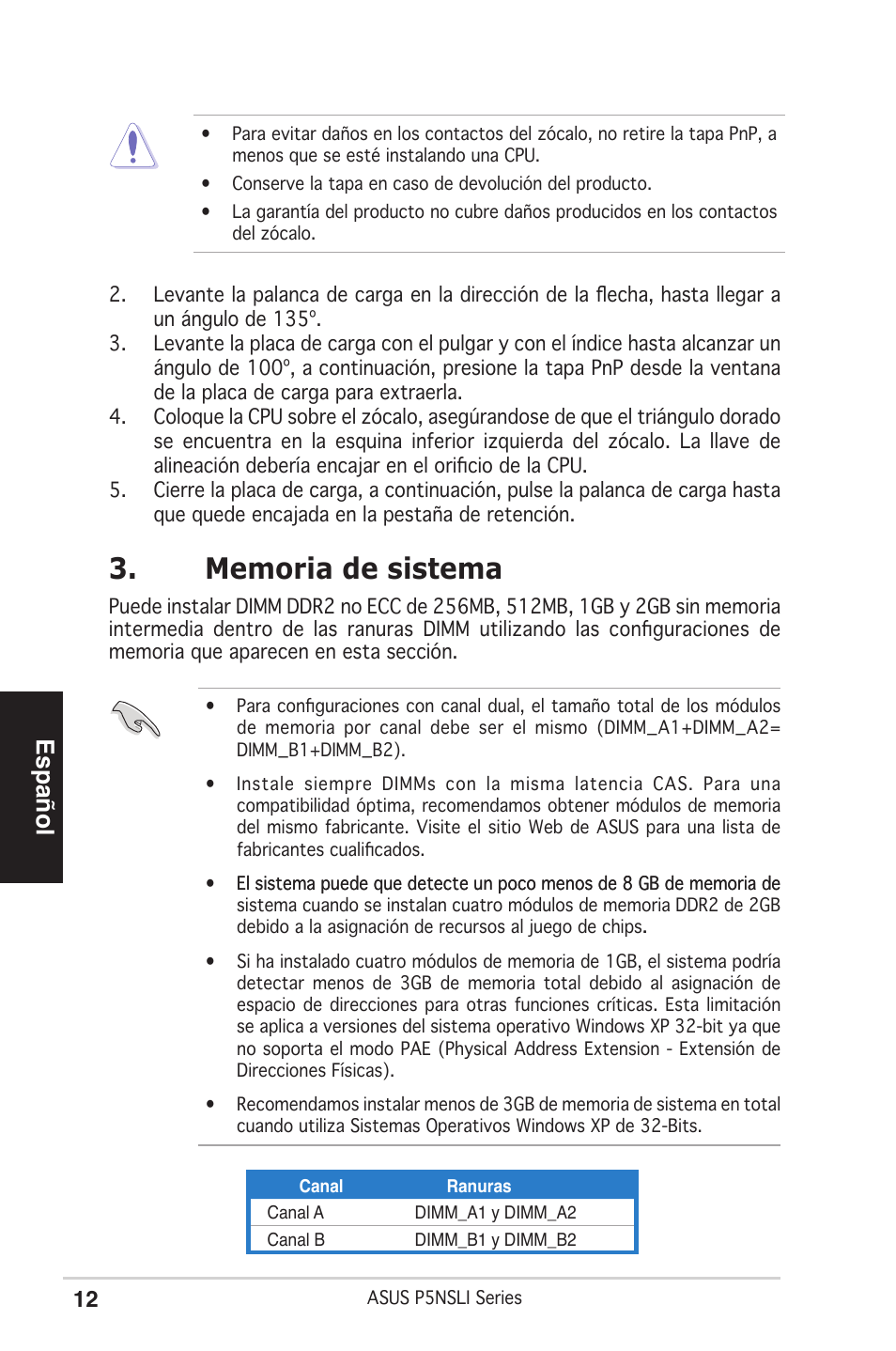 Español | Asus P5NSLI User Manual | Page 12 / 38