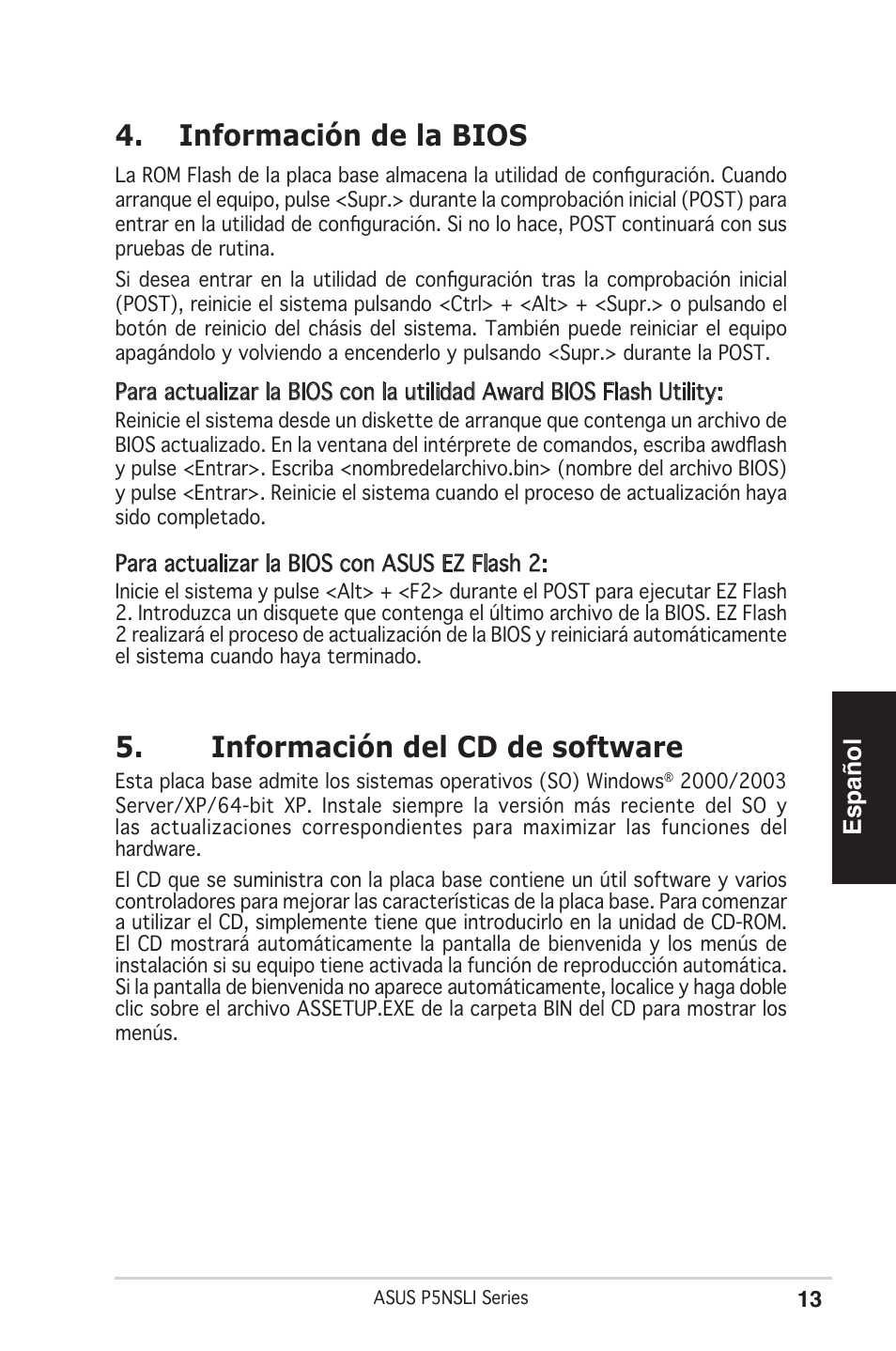 Información de la bios, Información del cd de software, Español | Asus P5NSLI User Manual | Page 13 / 38