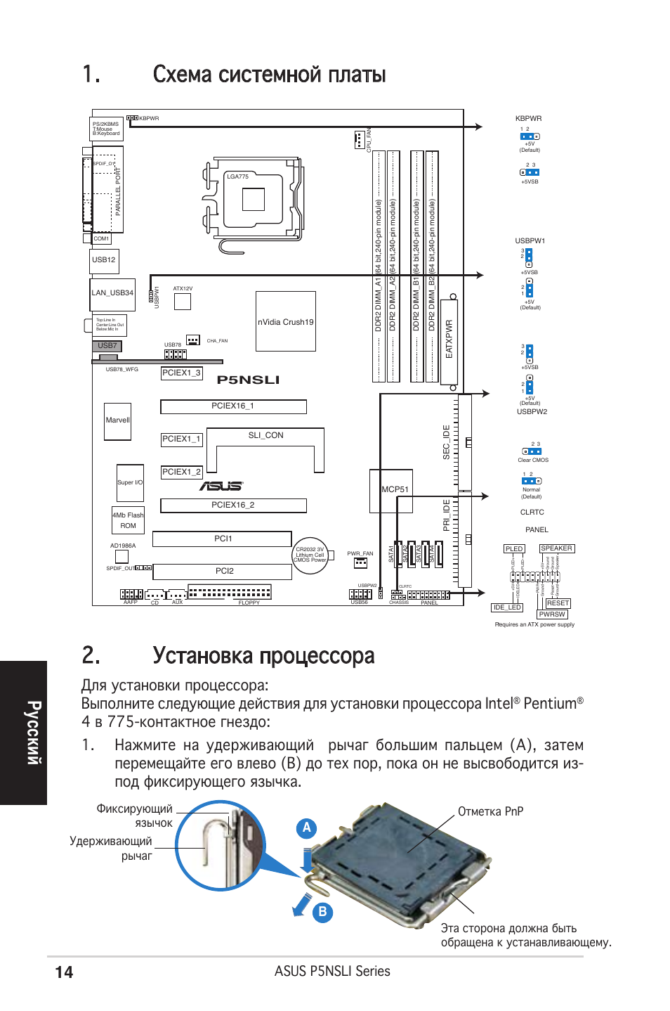 Схема системной платы 2. установка процессора, Ру сс ки й, Pentium | Asus p5nsli series, Ab b, P5nsli | Asus P5NSLI User Manual | Page 14 / 38