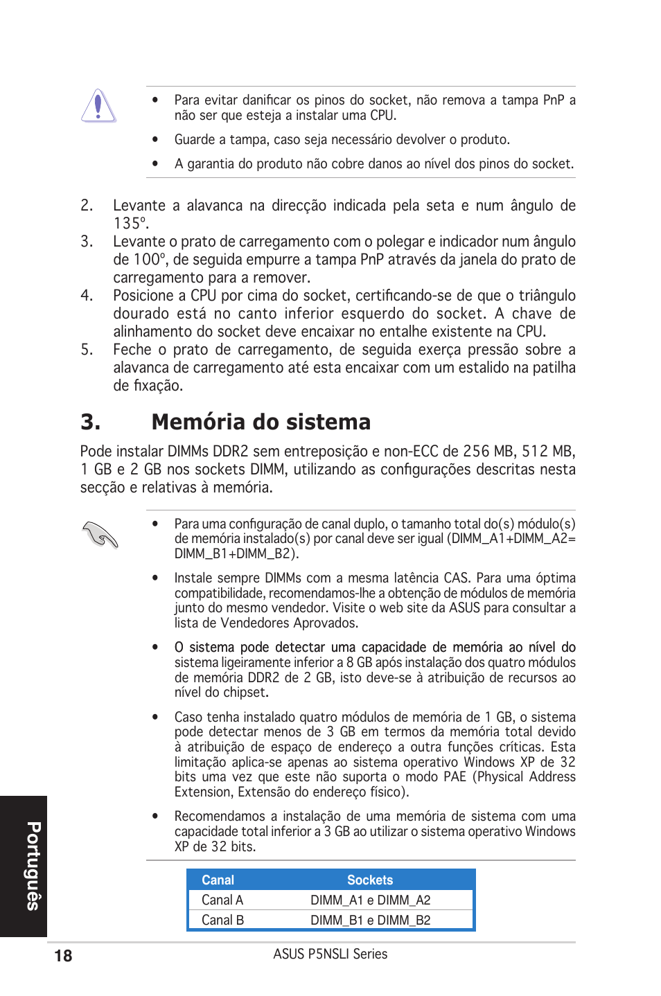 Memória do sistema, Português | Asus P5NSLI User Manual | Page 18 / 38