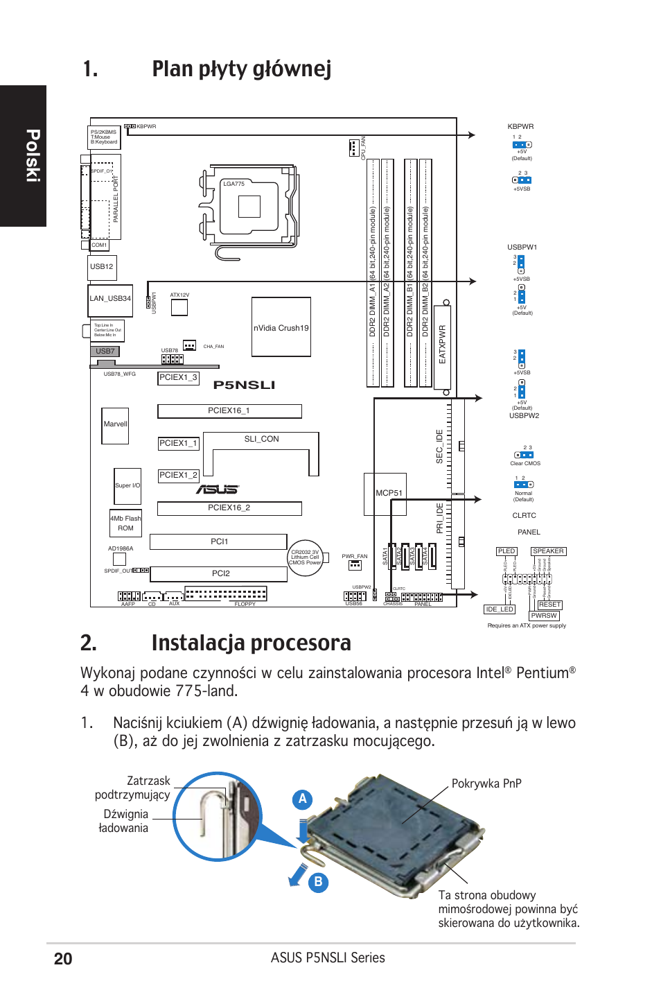 Plan płyty głównej 2. instalacja procesora, Polski, Pentium | Asus p5nsli series, Ab b, P5nsli | Asus P5NSLI User Manual | Page 20 / 38
