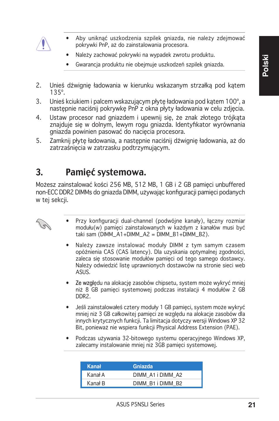 Pamięć systemowa, Polski | Asus P5NSLI User Manual | Page 21 / 38