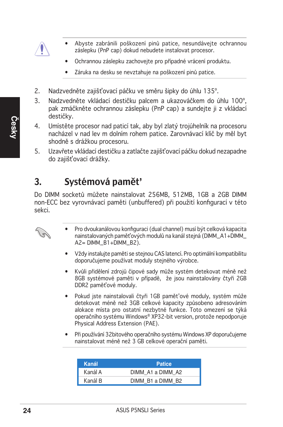 Systémová pamět, Česky | Asus P5NSLI User Manual | Page 24 / 38