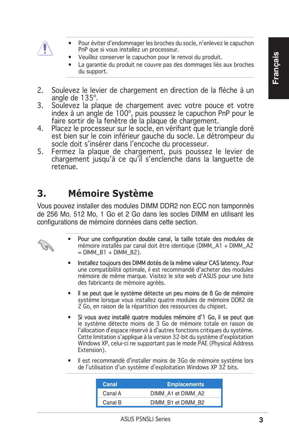 Mémoire système, Français | Asus P5NSLI User Manual | Page 3 / 38