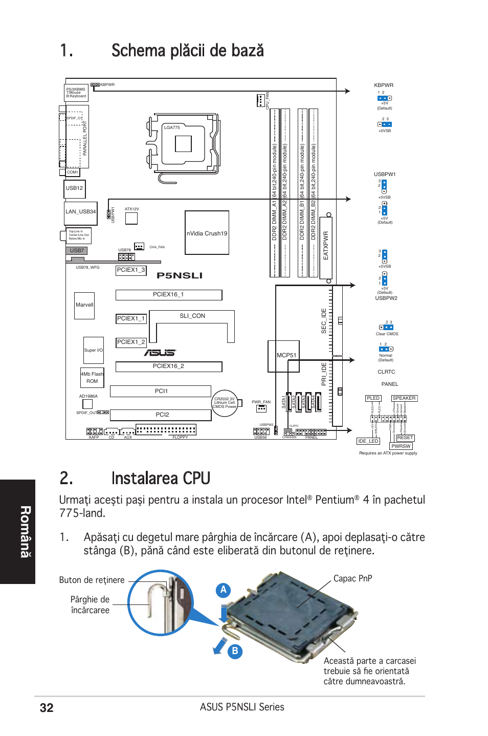 Schema plăcii de bază 2. instalarea cpu, Română, Pentium | Asus p5nsli series, Ab b, P5nsli | Asus P5NSLI User Manual | Page 32 / 38