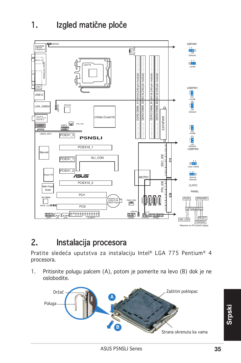 Izgled matične ploče 2. instalacija procesora, Srpski, Pratite sledeća uputstva za instalaciju intel | Lga 775 pentium, Asus p5nsli series, Ab b, P5nsli | Asus P5NSLI User Manual | Page 35 / 38