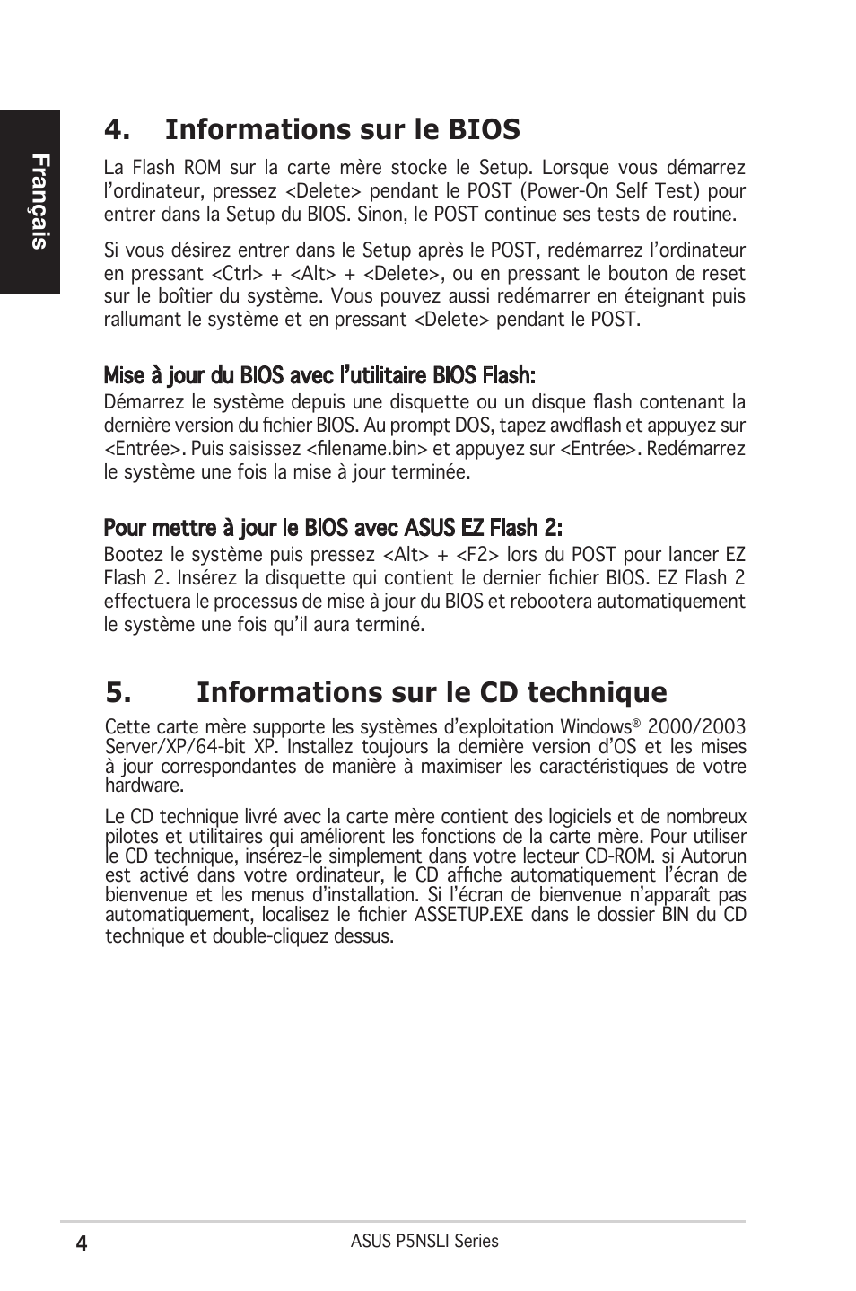 Informations sur le bios, Informations sur le cd technique, Français | Asus P5NSLI User Manual | Page 4 / 38