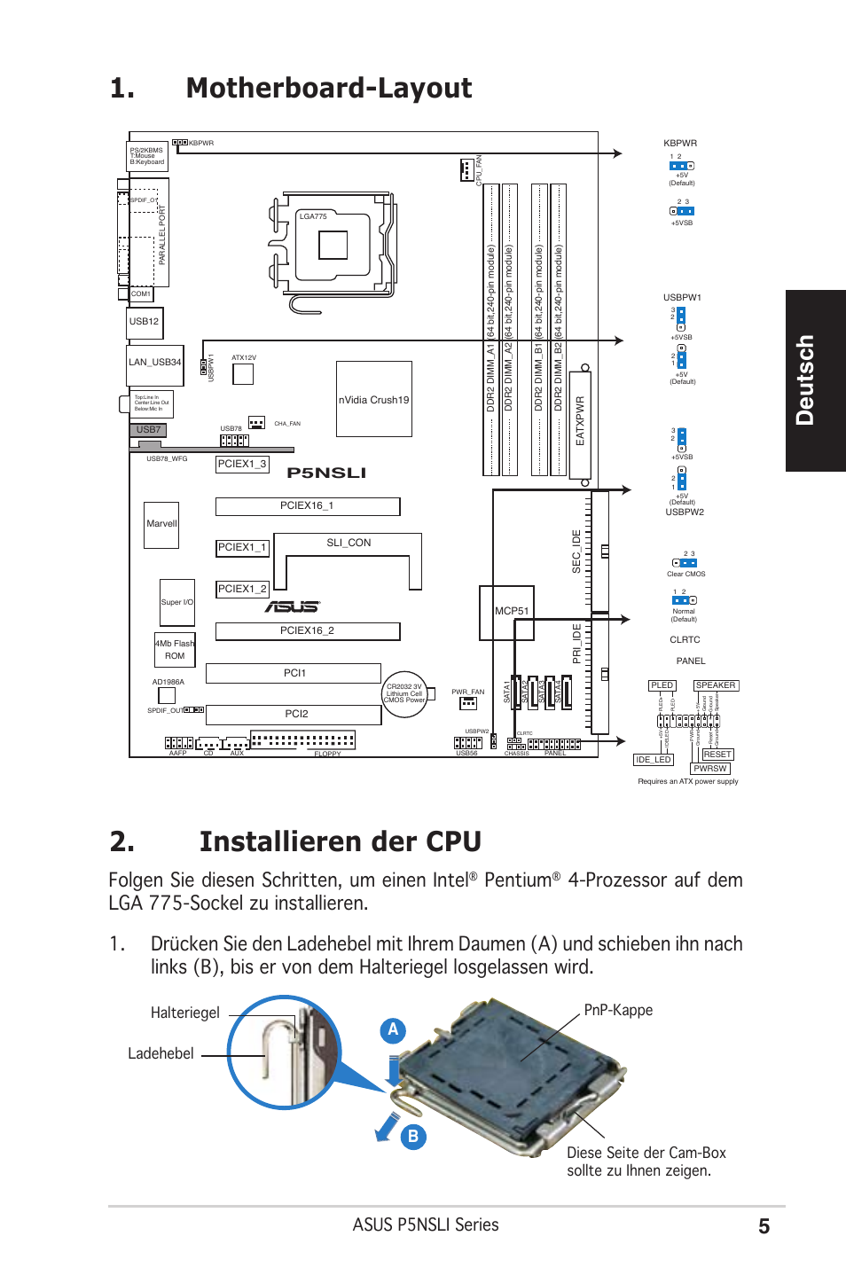 Motherboard-layout 2. installieren der cpu, Deutsch, Folgen sie diesen schritten, um einen intel | Pentium, Asus p5nsli series, Ab b, Pnsli | Asus P5NSLI User Manual | Page 5 / 38