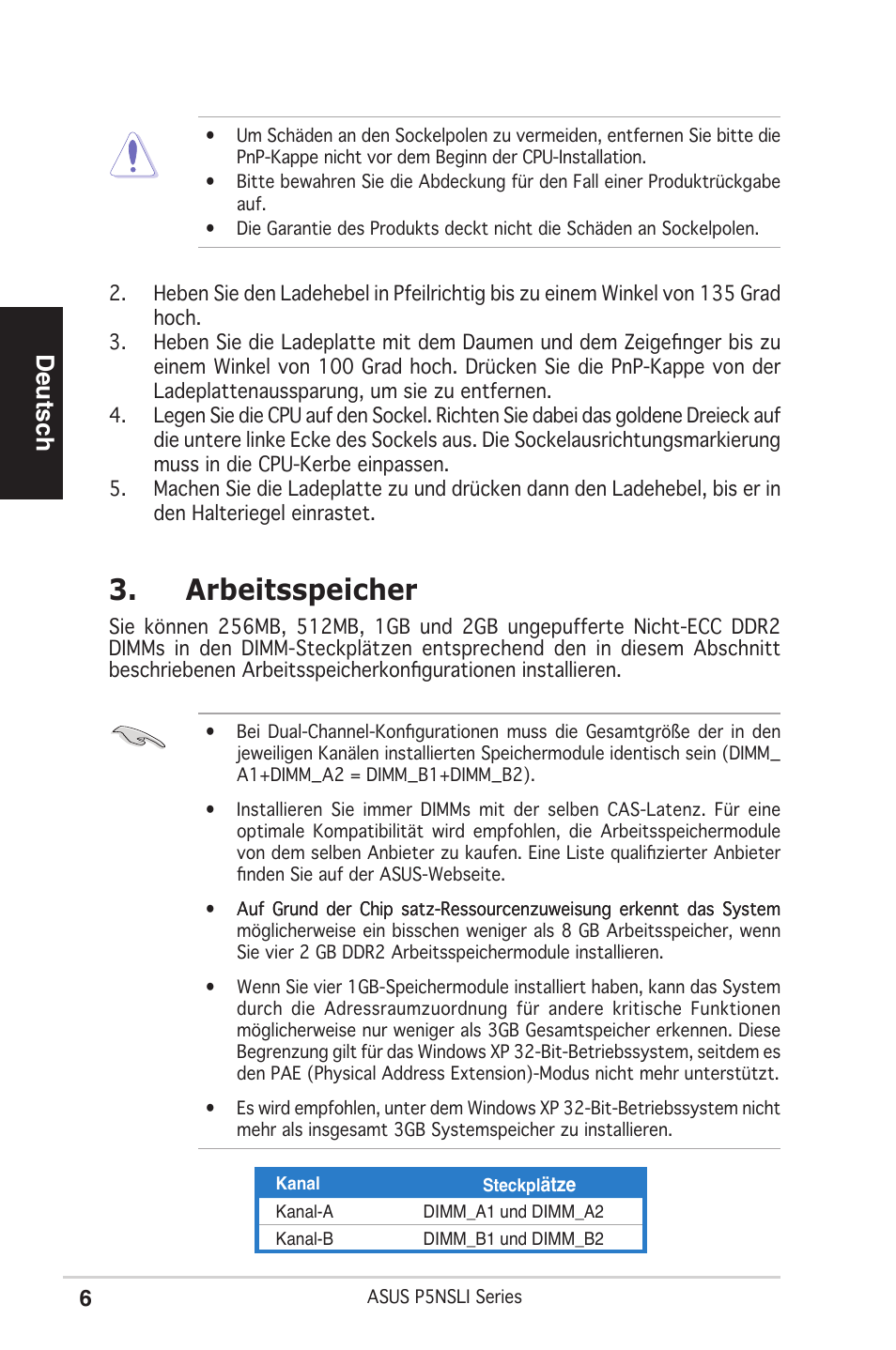 Arbeitsspeicher, Deutsch | Asus P5NSLI User Manual | Page 6 / 38