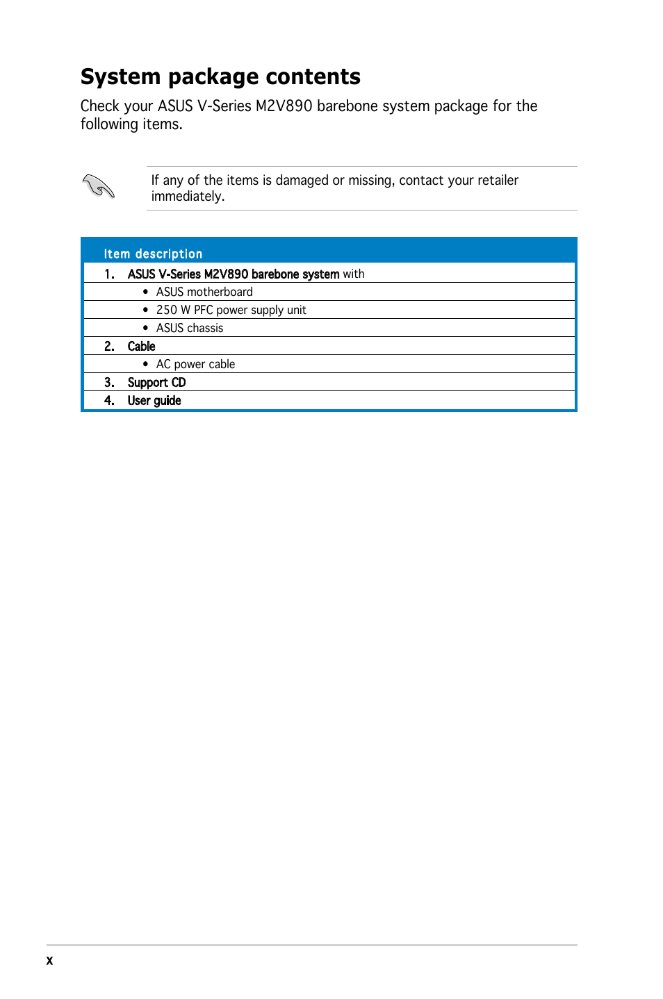 System package contents | Asus V3-M2V890 User Manual | Page 10 / 90