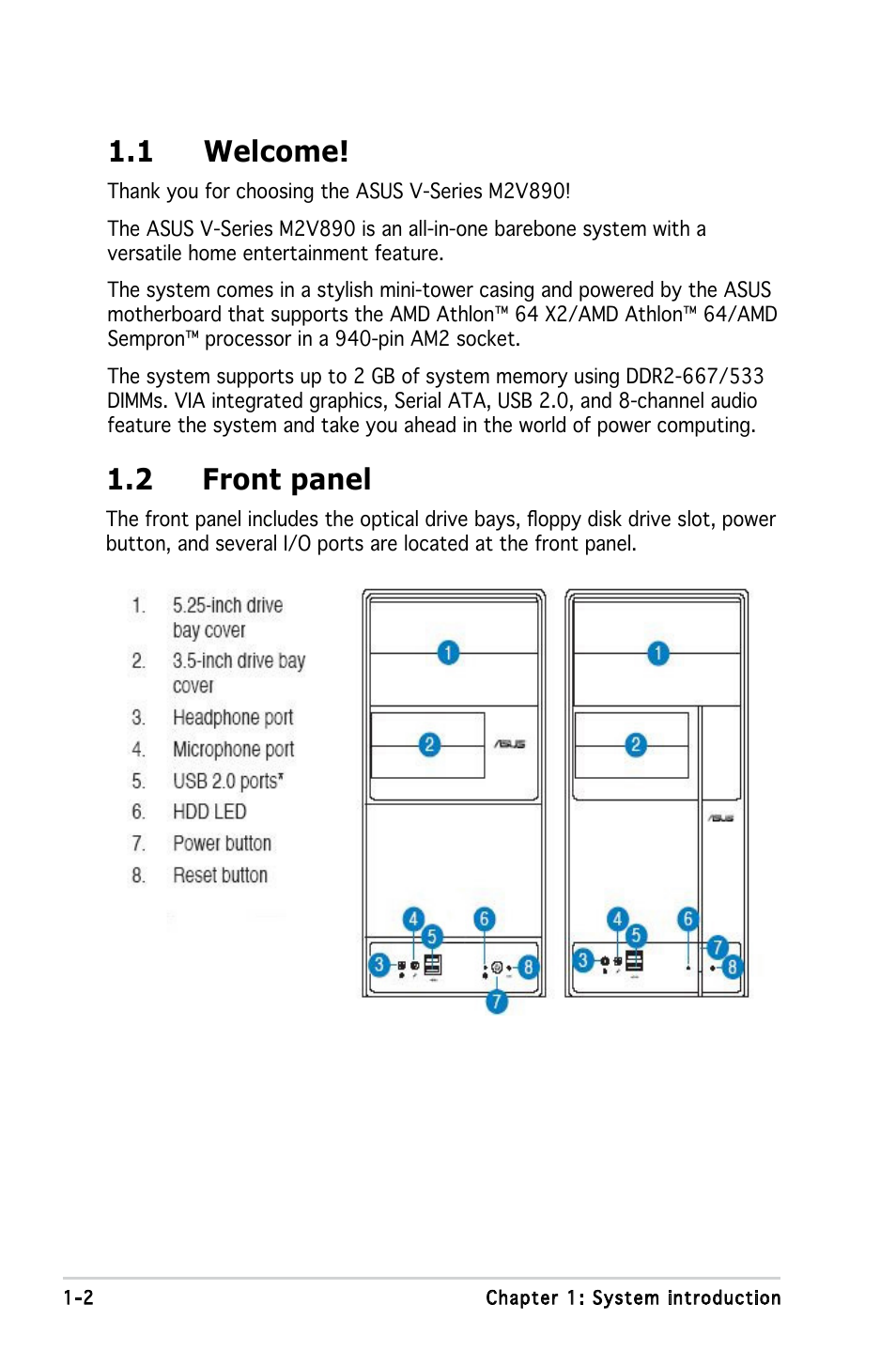 1 welcome, 2 front panel | Asus V3-M2V890 User Manual | Page 12 / 90