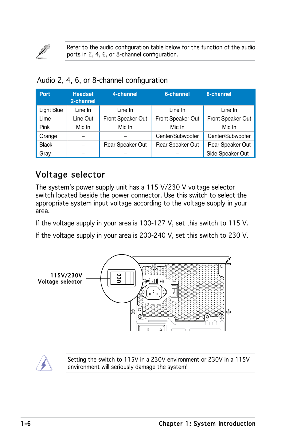 Voltage selector, Audio 2, 4, 6, or 8-channel configuration | Asus V3-M2V890 User Manual | Page 16 / 90