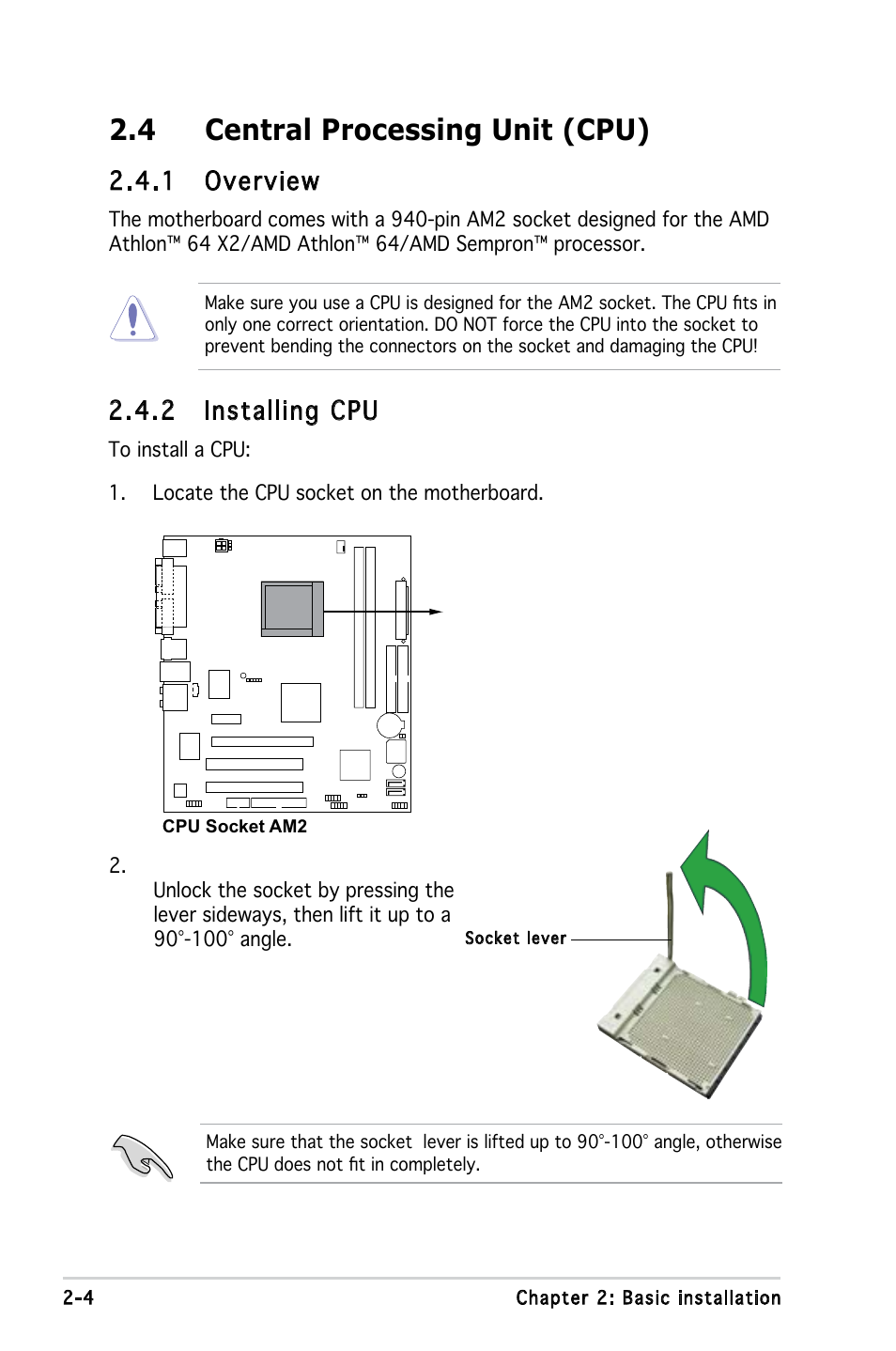 4 central processing unit (cpu), 1 overview, 2 installing cpu | Asus V3-M2V890 User Manual | Page 22 / 90