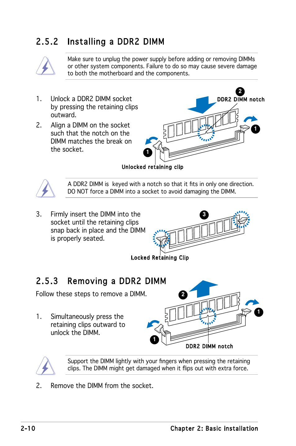 3 removing a ddr2 dimm, 2 installing a ddr2 dimm | Asus V3-M2V890 User Manual | Page 28 / 90