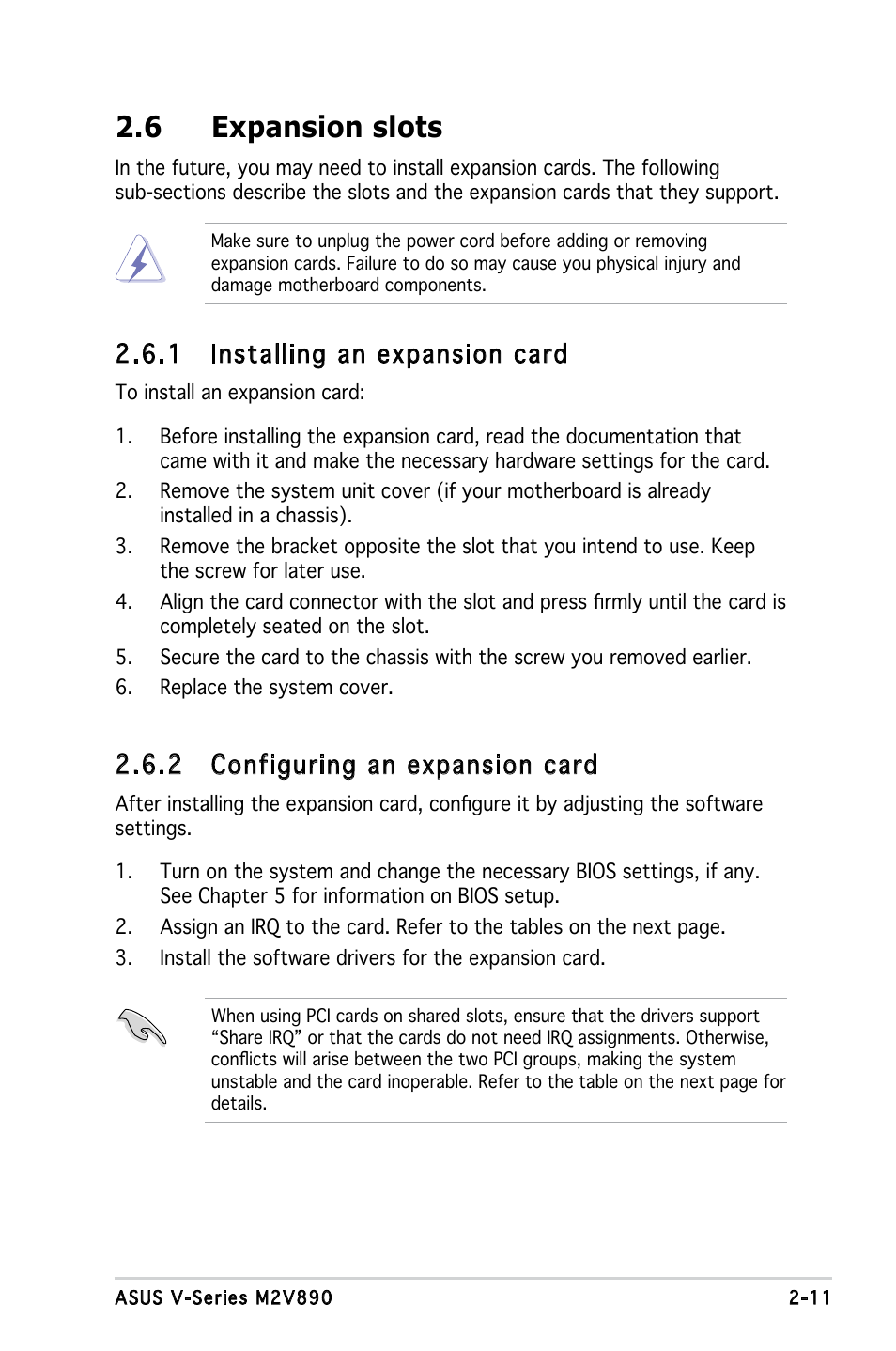 6 expansion slots, 1 installing an expansion card, 2 configuring an expansion card | Asus V3-M2V890 User Manual | Page 29 / 90