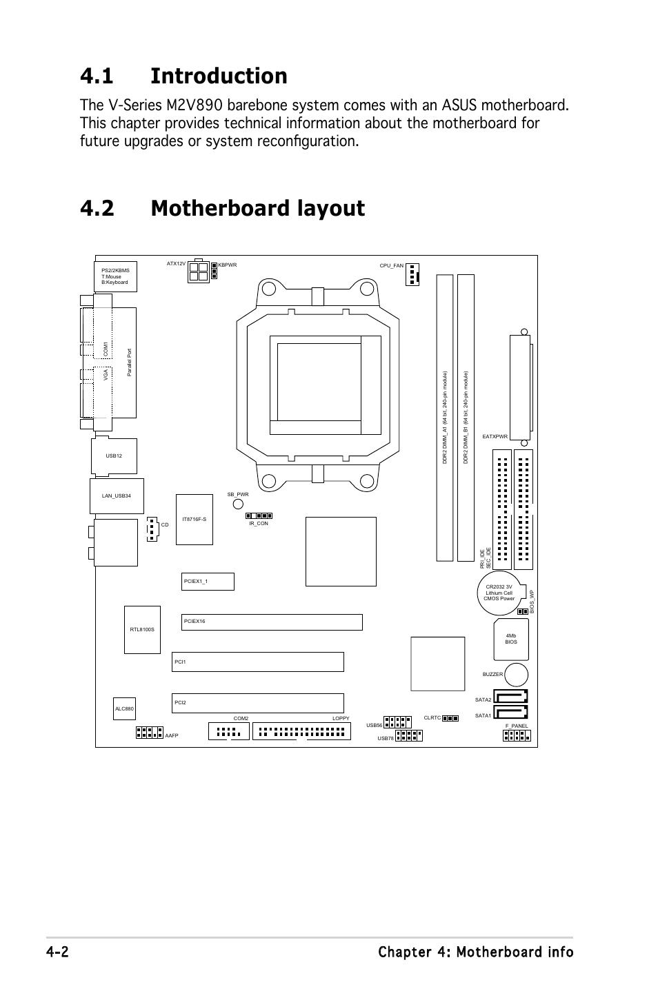 1 introduction, 2 motherboard layout, 2 chapter 4: motherboard info | Asus V3-M2V890 User Manual | Page 48 / 90