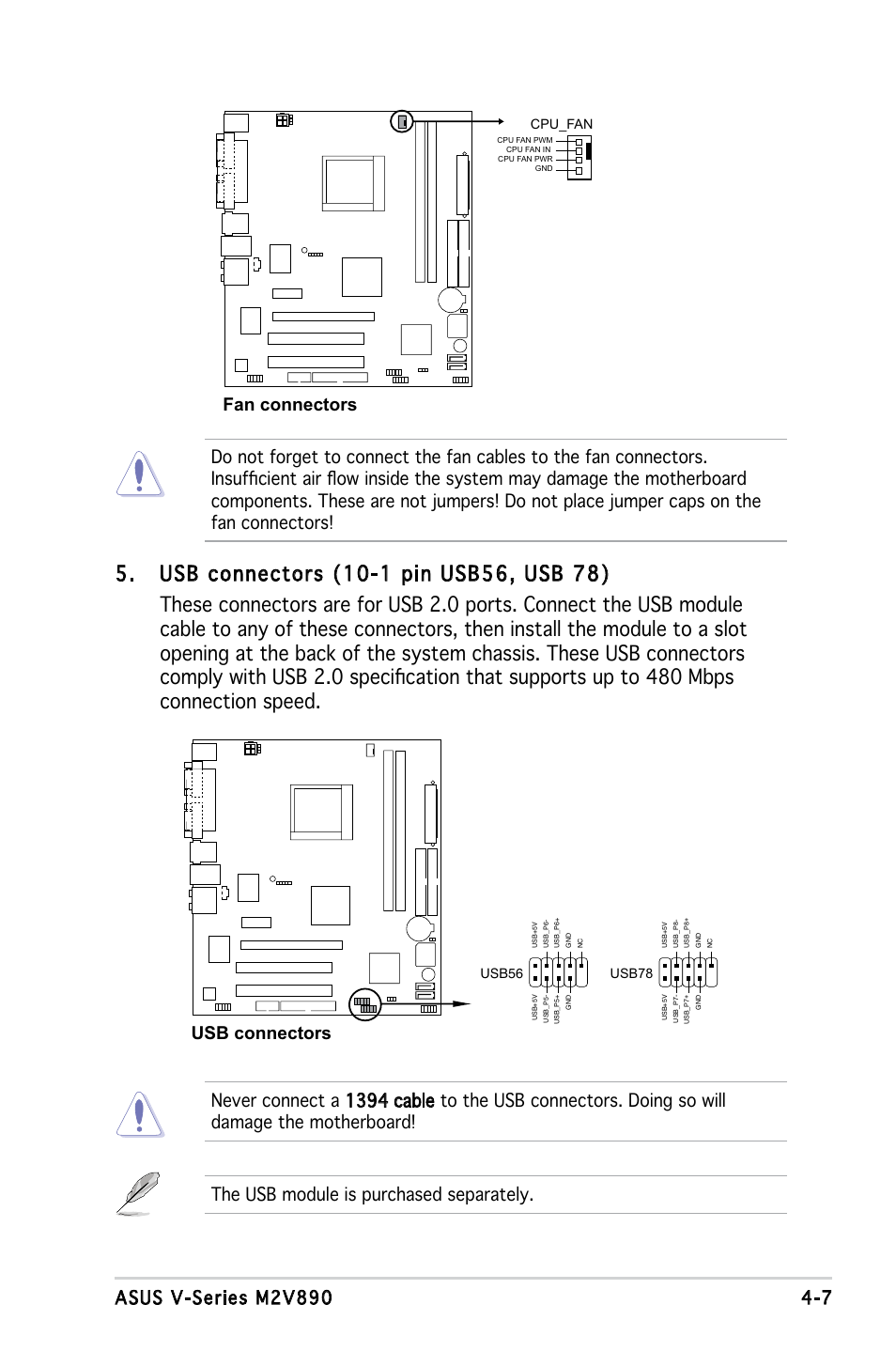 Fan connectors, Usb connectors | Asus V3-M2V890 User Manual | Page 53 / 90