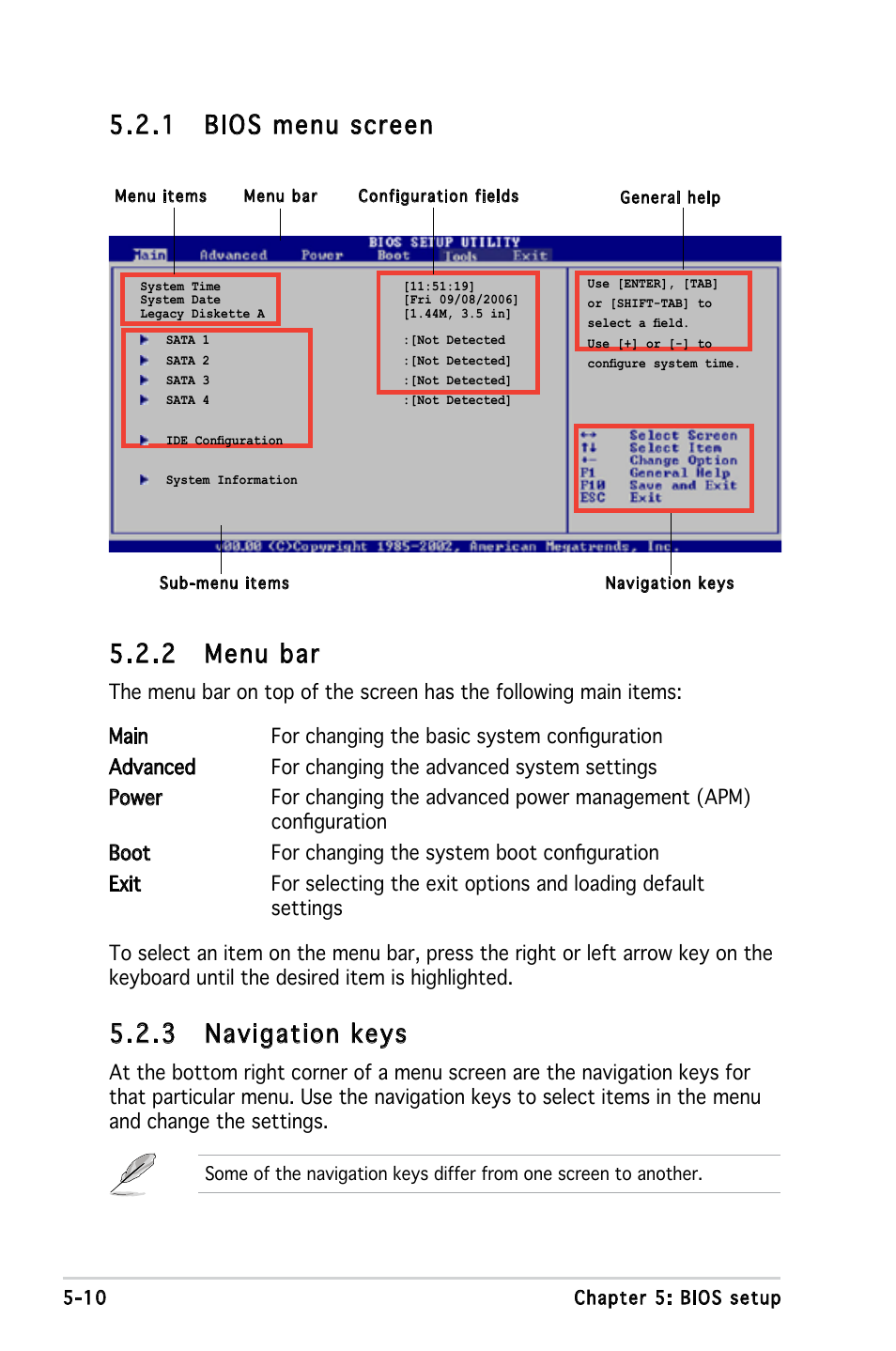 2 menu bar, 1 bios menu screen, 3 navigation keys | Asus V3-M2V890 User Manual | Page 68 / 90