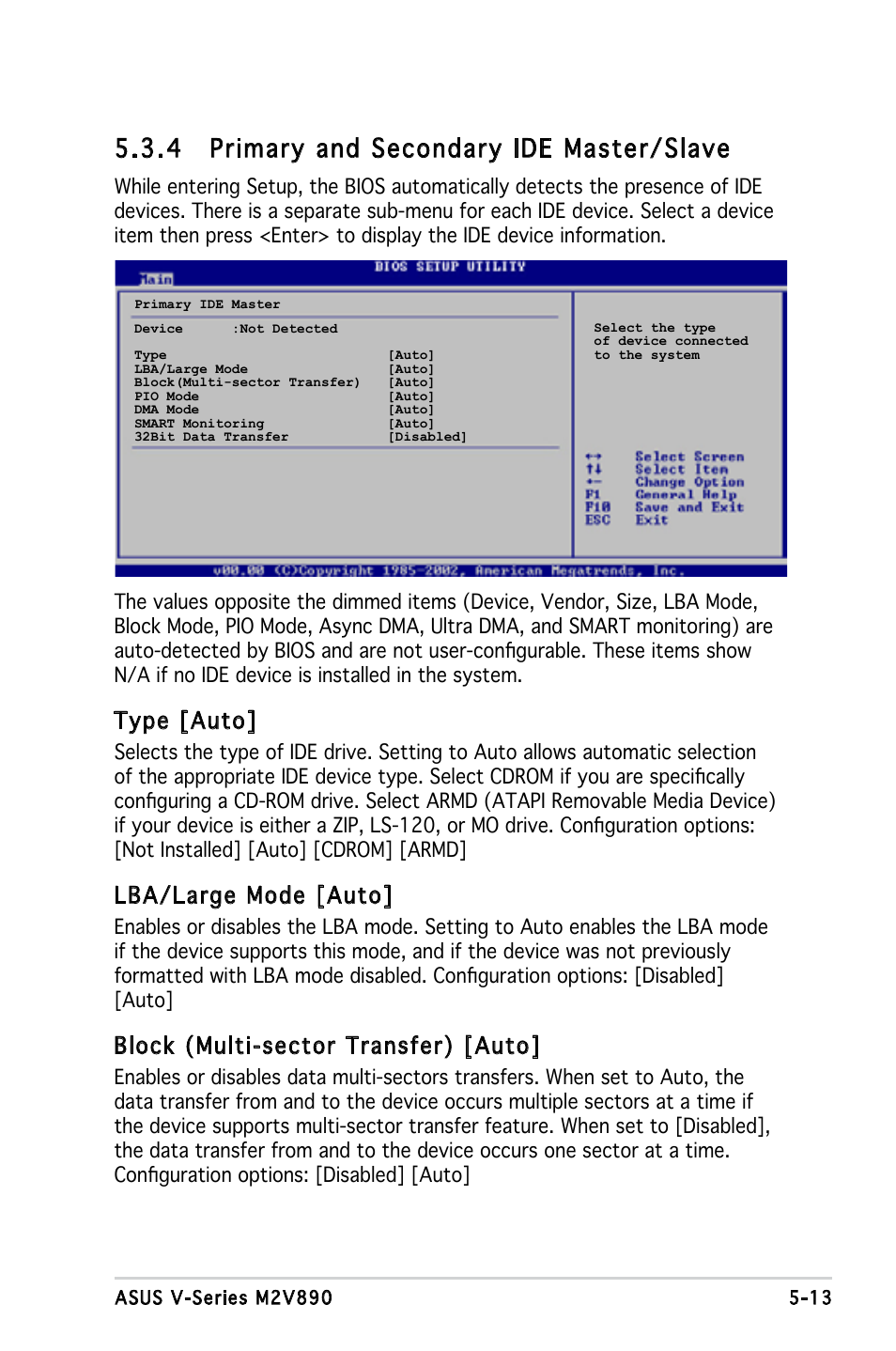 4 primary and secondary ide master/slave, Type [auto, Lba/large mode [auto | Block (multi-sector transfer) [auto | Asus V3-M2V890 User Manual | Page 71 / 90