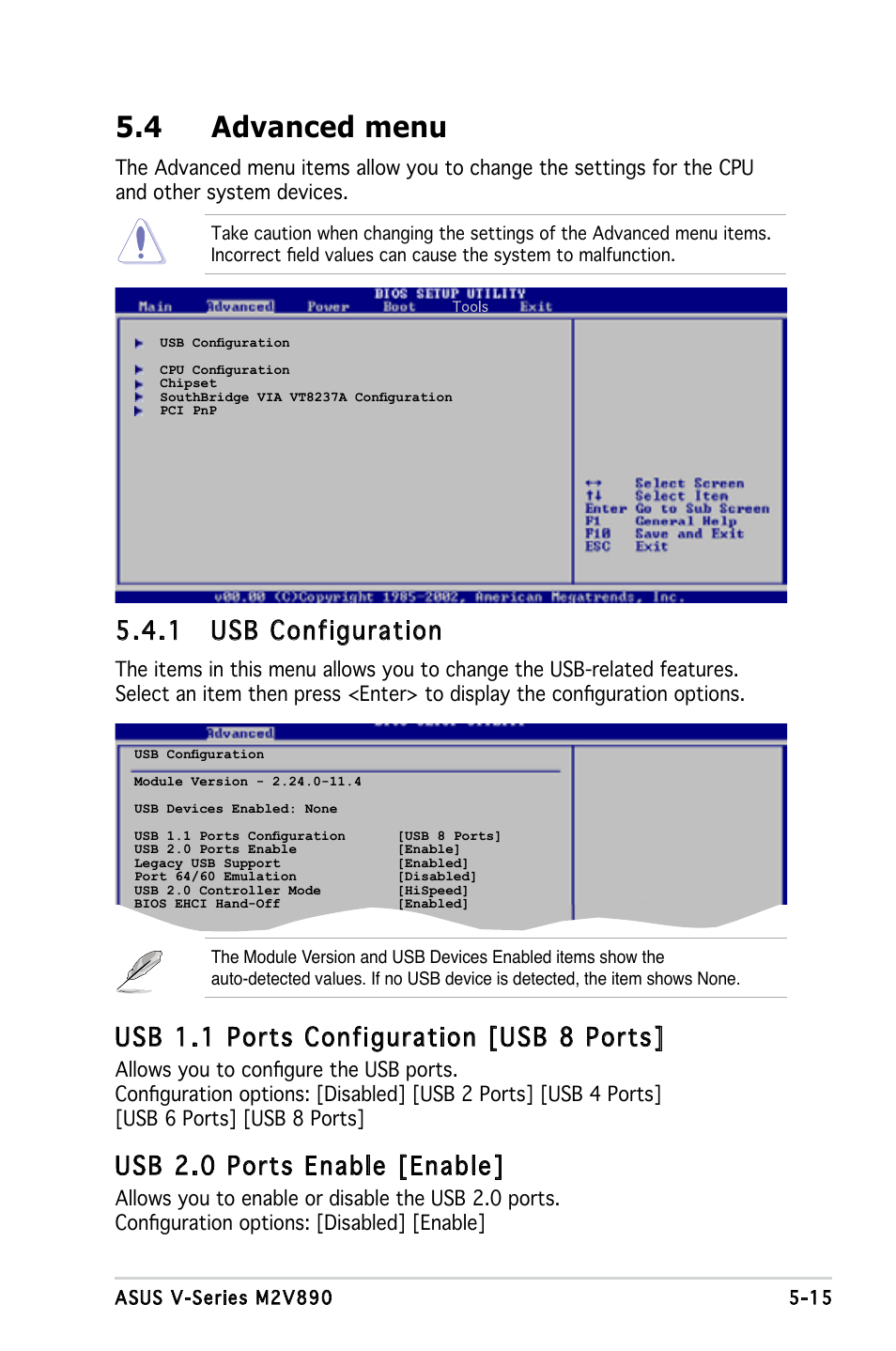 4 advanced menu, 1 usb configuration, Usb 1.1 ports configuration [usb 8 ports | Usb 2.0 ports enable [enable | Asus V3-M2V890 User Manual | Page 73 / 90