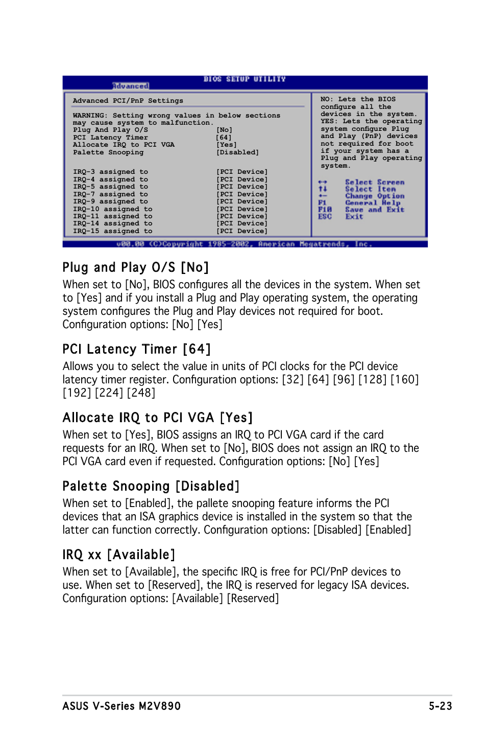 Plug and play o/s [no, Pci latency timer [64, Allocate irq to pci vga [yes | Palette snooping [disabled, Irq xx [available | Asus V3-M2V890 User Manual | Page 81 / 90