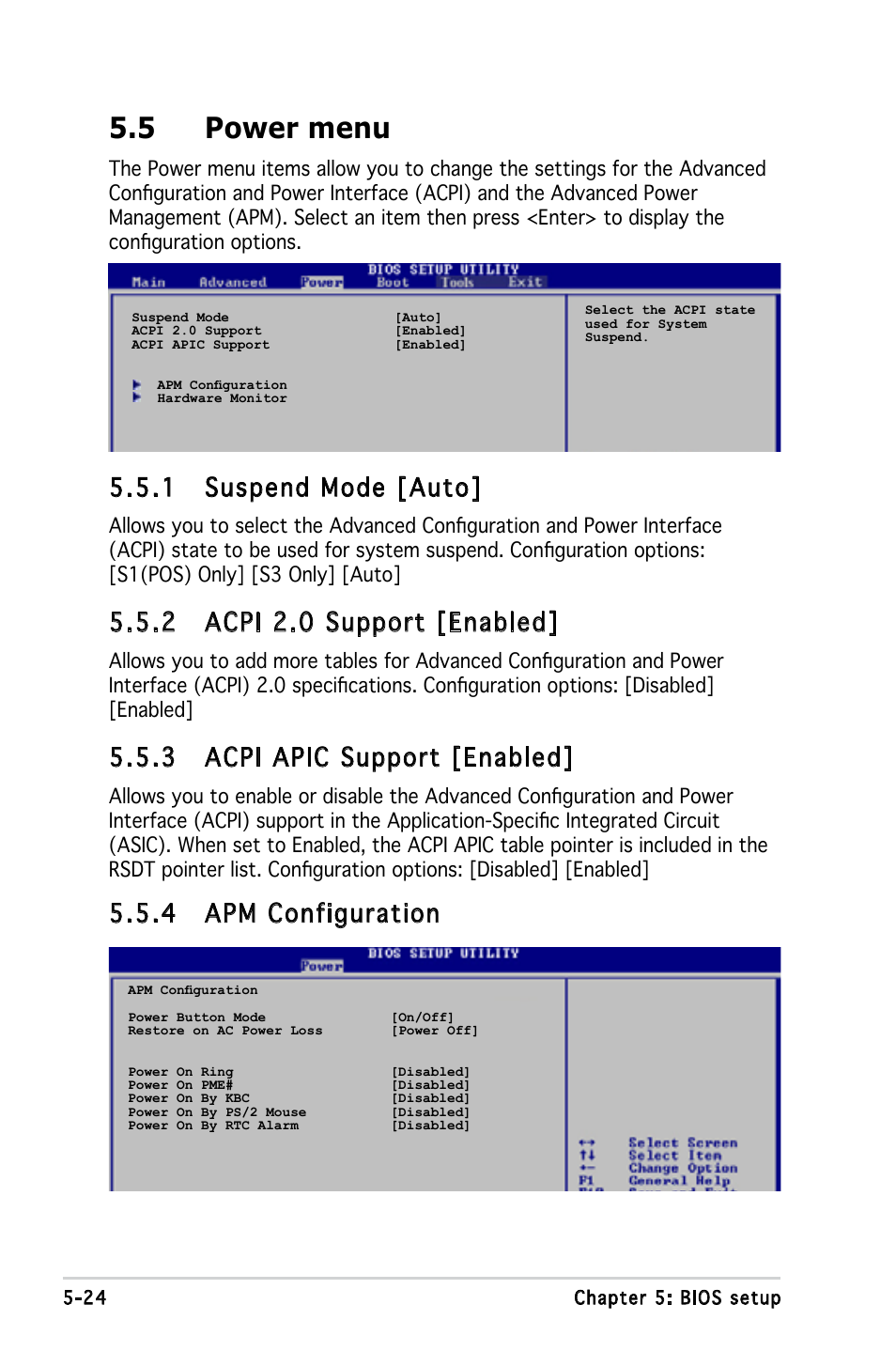 5 power menu, 1 suspend mode [auto, 2 acpi 2.0 support [enabled | 3 acpi apic support [enabled, 4 apm configuration | Asus V3-M2V890 User Manual | Page 82 / 90