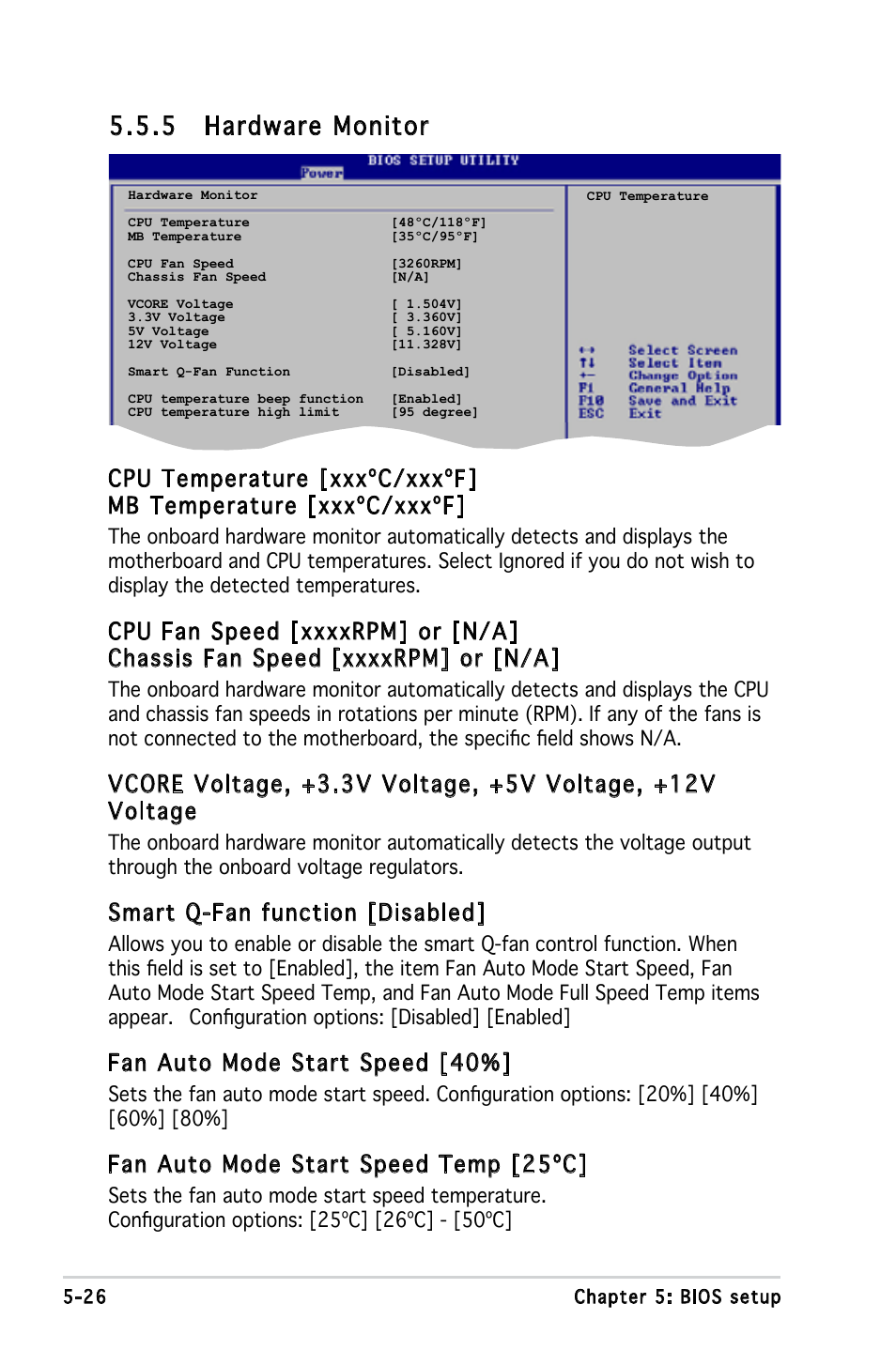 5 hardware monitor, Smart q-fan function [disabled, Fan auto mode start speed [40 | Fan auto mode start speed temp [25ºc | Asus V3-M2V890 User Manual | Page 84 / 90