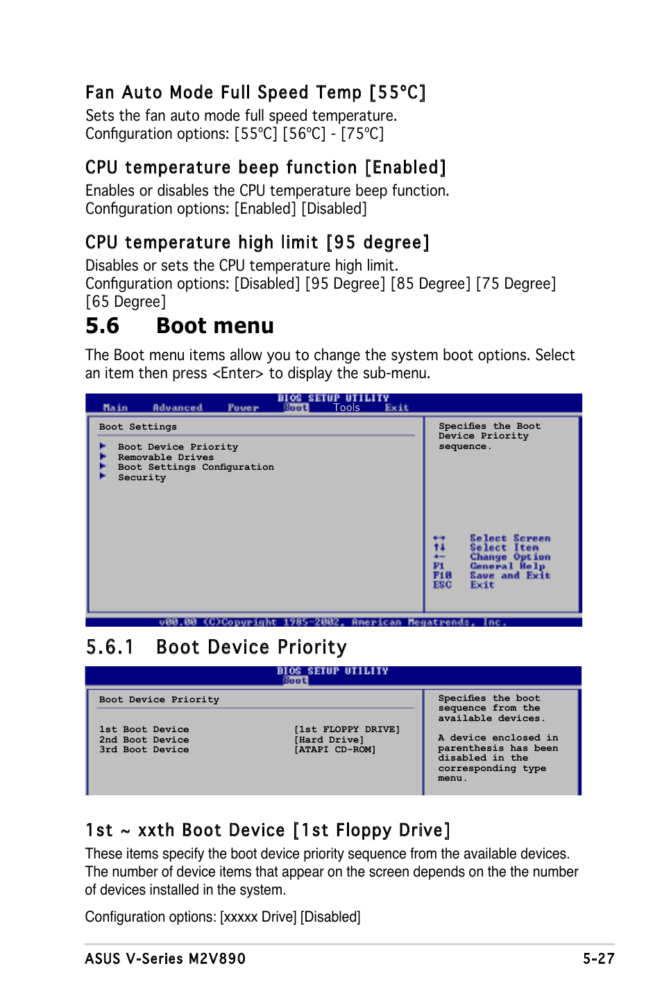 6 boot menu, 1 boot device priority, Fan auto mode full speed temp [55ºc | Cpu temperature beep function [enabled, Cpu temperature high limit [95 degree, 1st ~ xxth boot device [1st floppy drive | Asus V3-M2V890 User Manual | Page 85 / 90