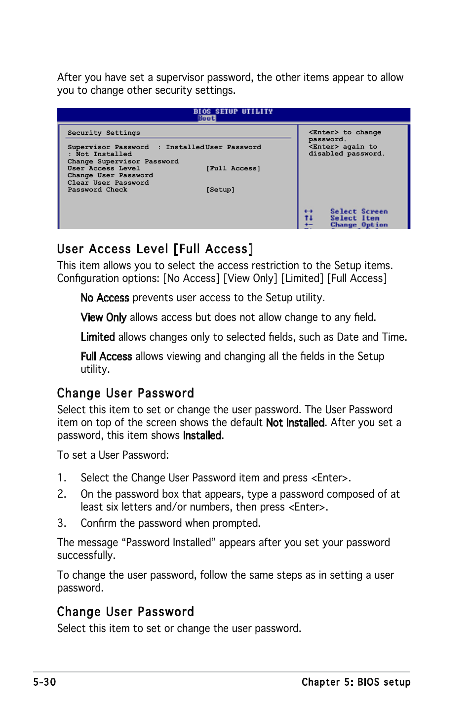 User access level [full access, Change user password | Asus V3-M2V890 User Manual | Page 88 / 90