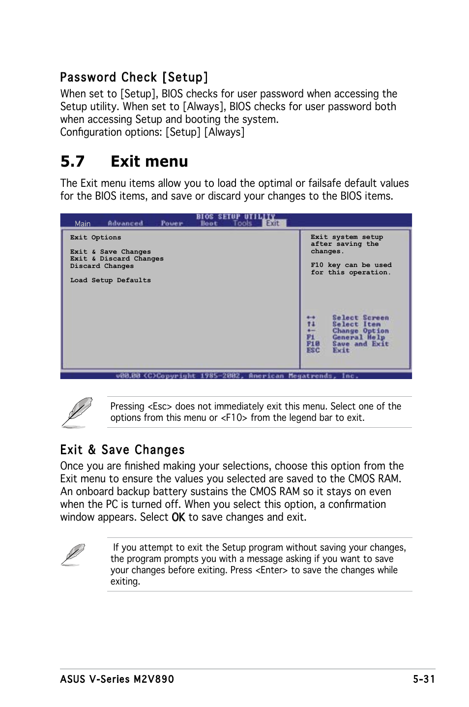 7 exit menu, Password check [setup, Exit & save changes | Asus V3-M2V890 User Manual | Page 89 / 90