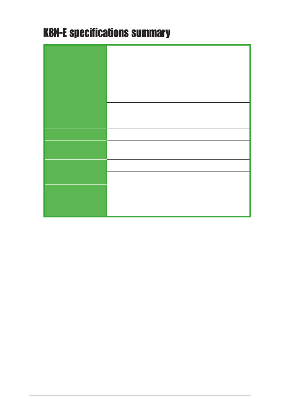 K8n-e specifications summary | Asus K8N-E User Manual | Page 10 / 74
