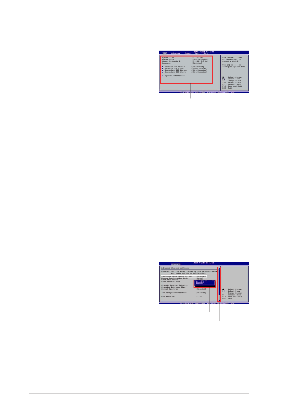 4 menu items, 5 sub-menu items, 6 configuration fields | 7 pop-up window, 8 scroll bar, 9 general help, 10 chapter 2: bios setup | Asus K8N-E User Manual | Page 44 / 74