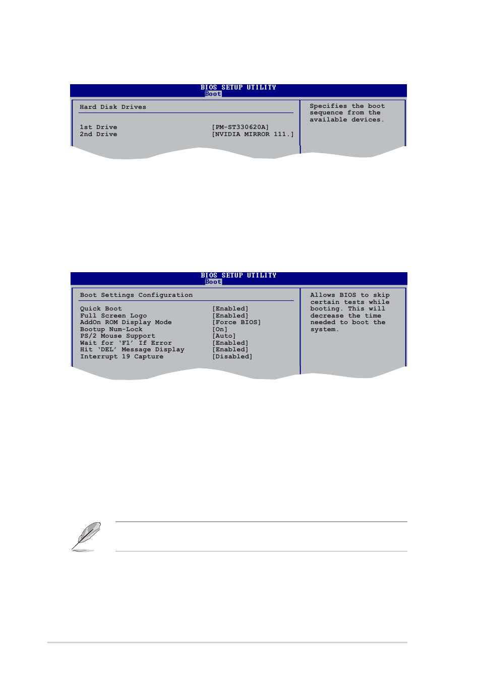 2 hard disk drives, 3 boot settings configuration, Quick boot [enabled | Full screen logo [enabled, Add on rom display mode [force bios, 28 chapter 2: bios setup | Asus K8N-E User Manual | Page 62 / 74