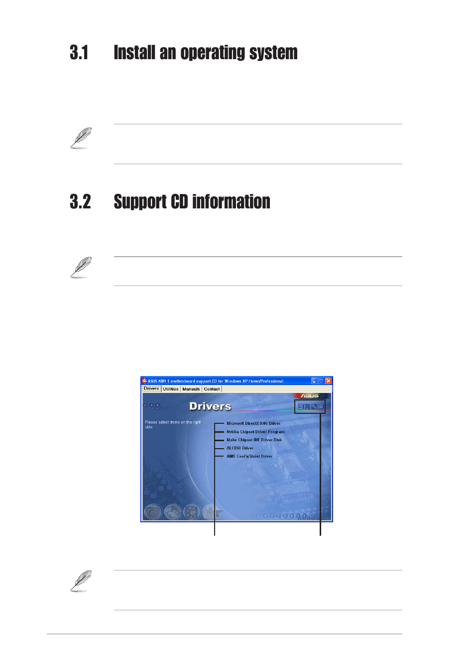 1 install an operating system, 2 support cd information, 1 running the support cd | Asus K8N-E User Manual | Page 68 / 74