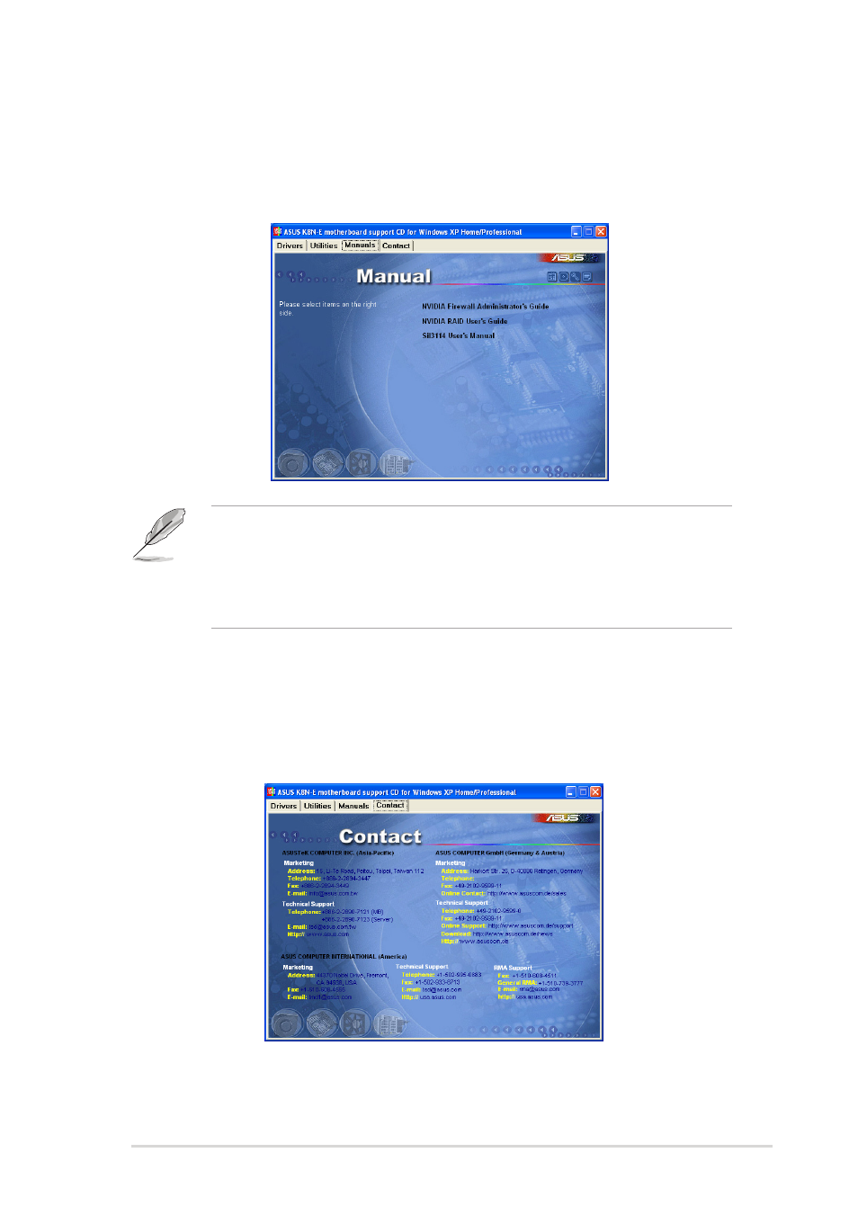 4 manual menu, 5 asus contact information | Asus K8N-E User Manual | Page 71 / 74