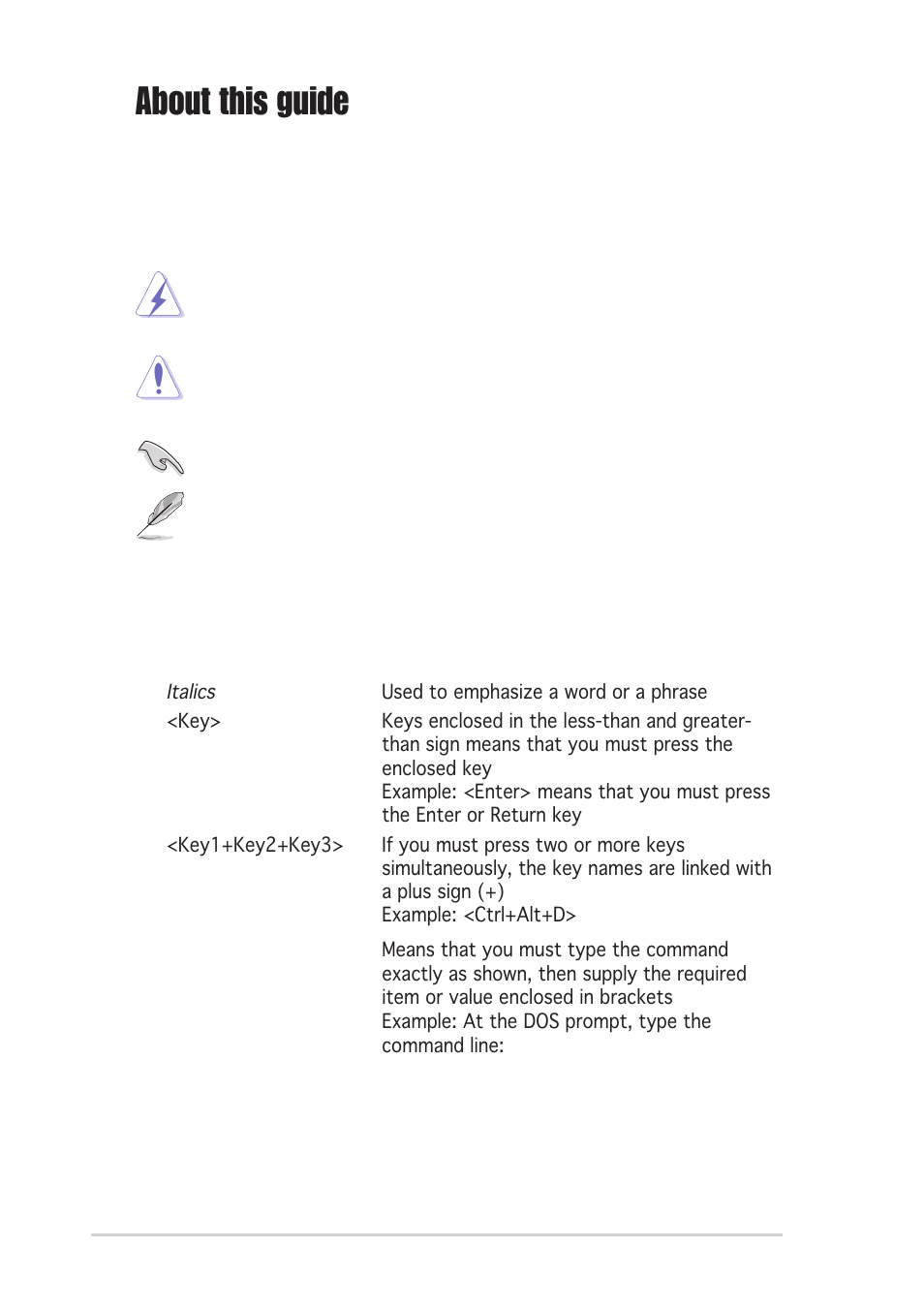 About this guide, Conventions used in this guide, Typography | Asus K8N-E User Manual | Page 8 / 74