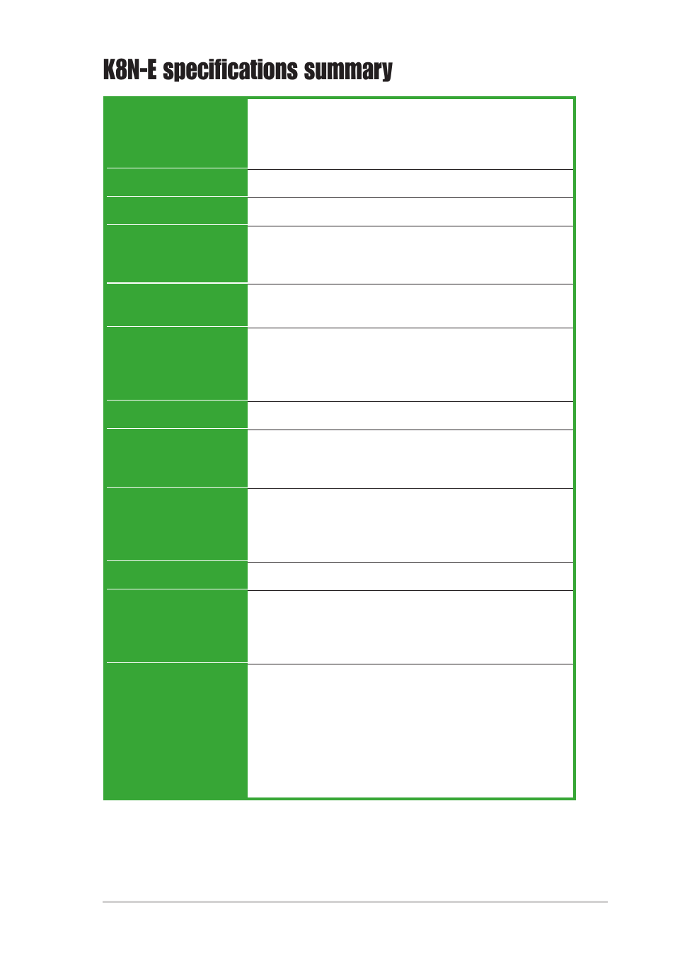 K8n-e specifications summary | Asus K8N-E User Manual | Page 9 / 74