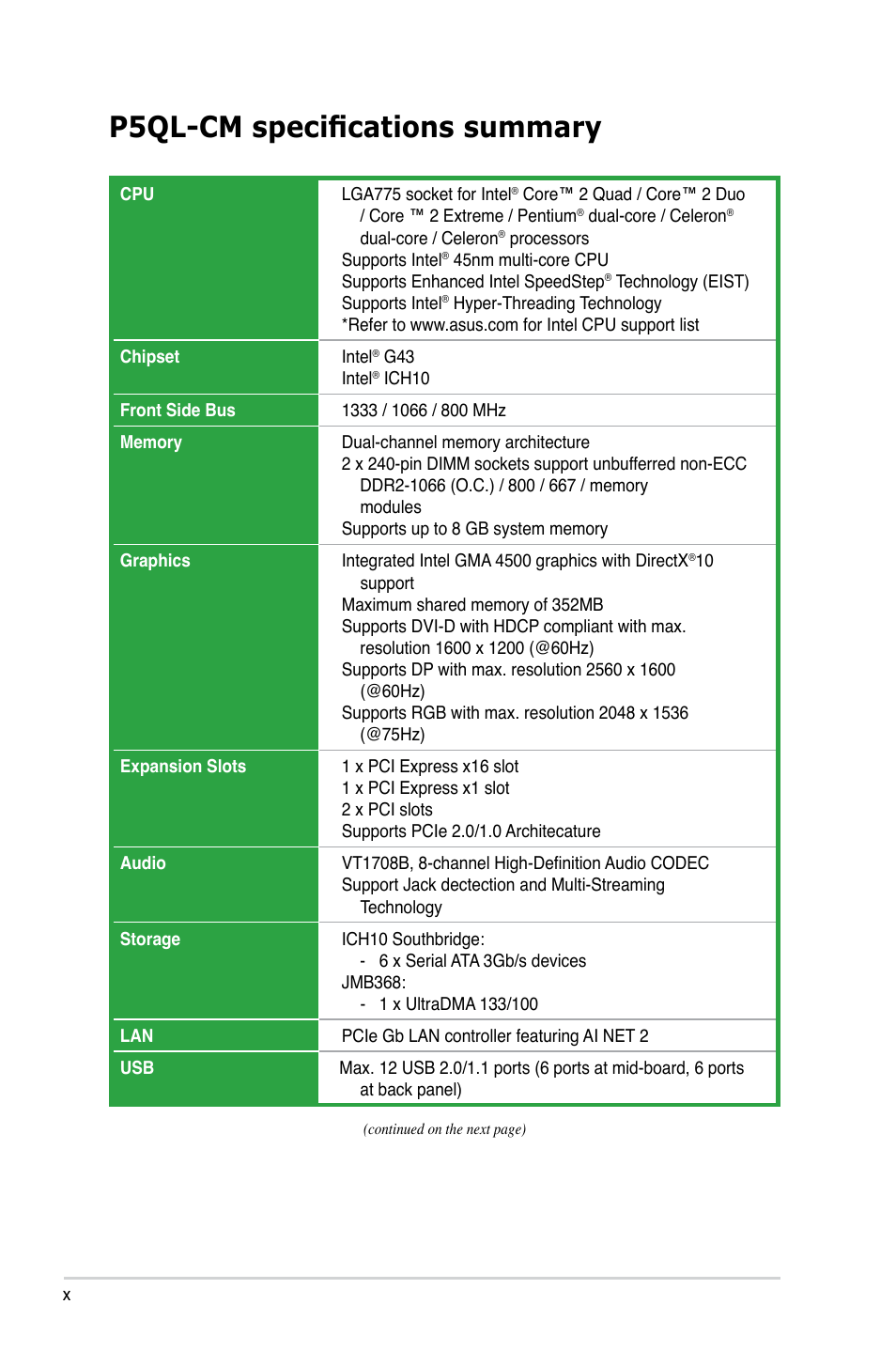 P5ql-cm specifications summary | Asus P5QL-CM User Manual | Page 10 / 114